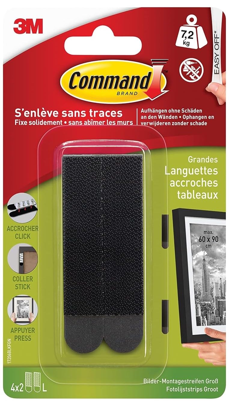 Command Klebestreifen, Schwarz, 4 x 2 Große L (8 Streifen) - Für Schweres Gewicht - Bilder aufhängen ohne Bohren, Streifen halten bis zu 7,2 kg, rückstandsfreies Ablösen