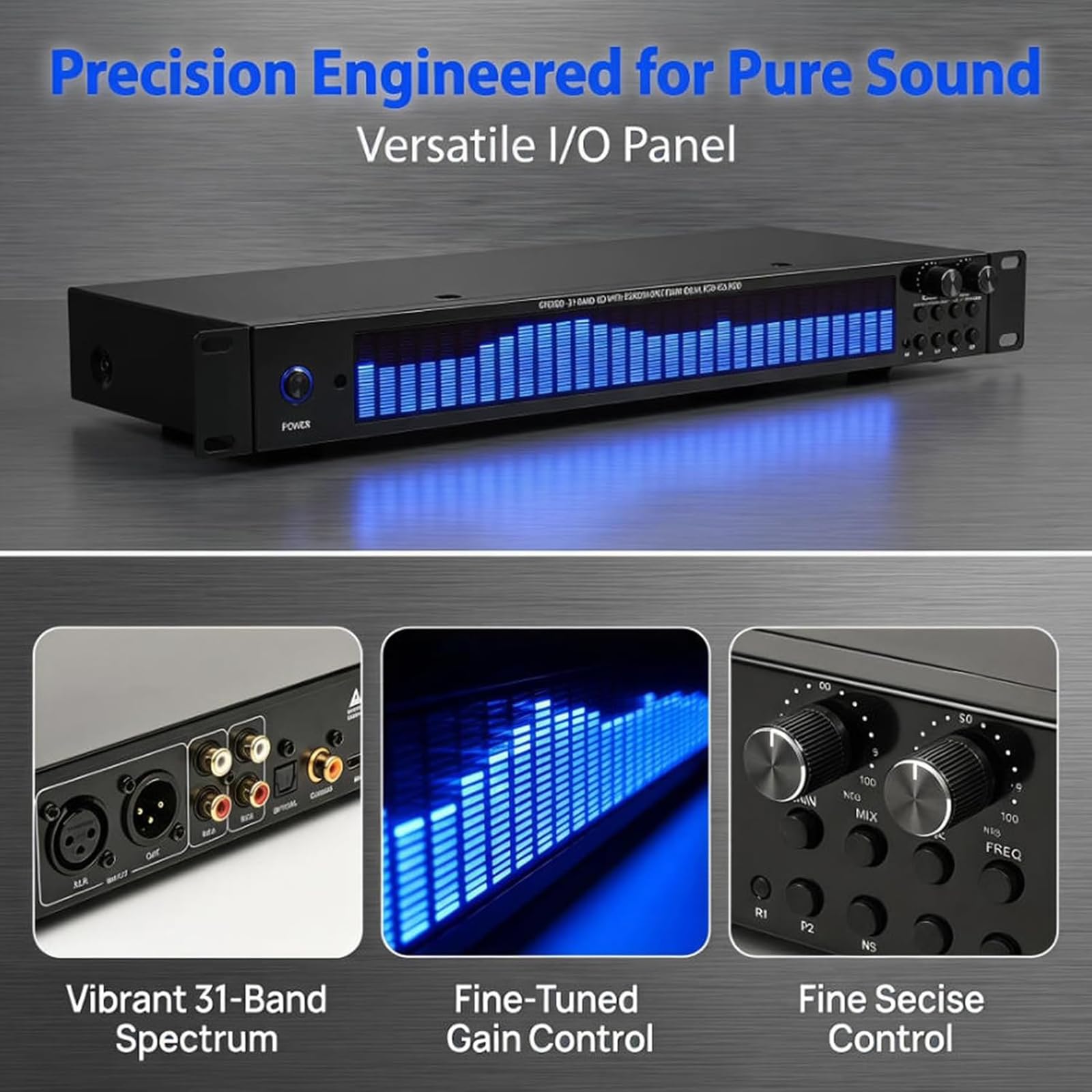 NGARY 31-pasmowy korektor cyfrowy, stereofoniczny korektor graficzny z 5 zaprogramowanymi efektami i 12 poziomami czułości; Wyjścia audio RCA/XLR; Wejścia optyczne, koncentryczne niebieskie