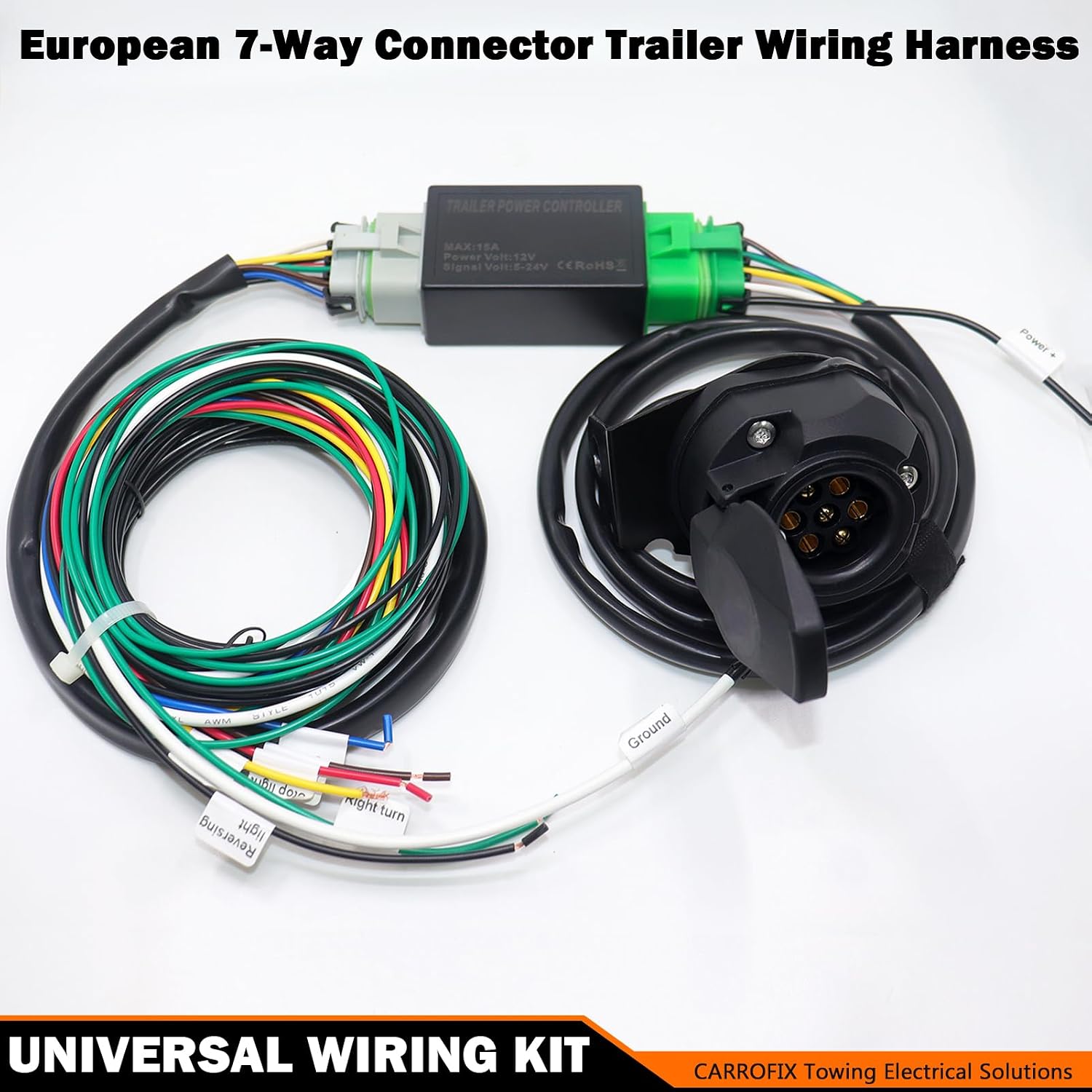 European Vehicle-Side 7-Pole Trailer Adapter Wiring Harness Kit, Powered Converter, 7-Way Trailer Connector, Black, PVC, 1.5M Cable Length for for Caravan RV Car Semitrailers