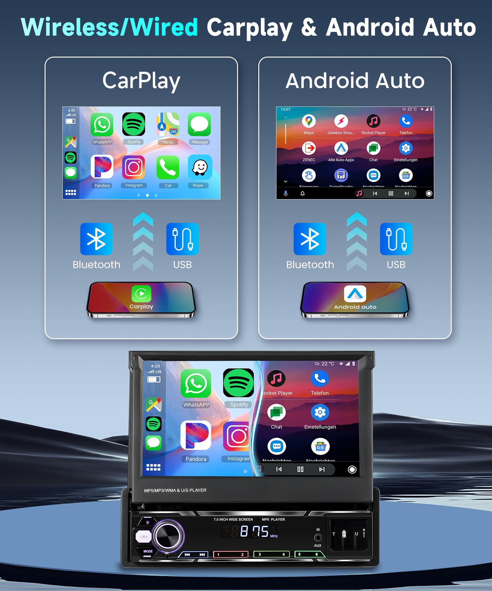 Rimoody Autoradio 1 Din Wireless Carplay Android Auto con 7 Pollici HD Schermo Touchscreen Ribaltabile Autoradio con Bluetooth GPS Navi Mirror Link FM/AM/RDS Radio TF/USB/AUX Telecamera Posteriore