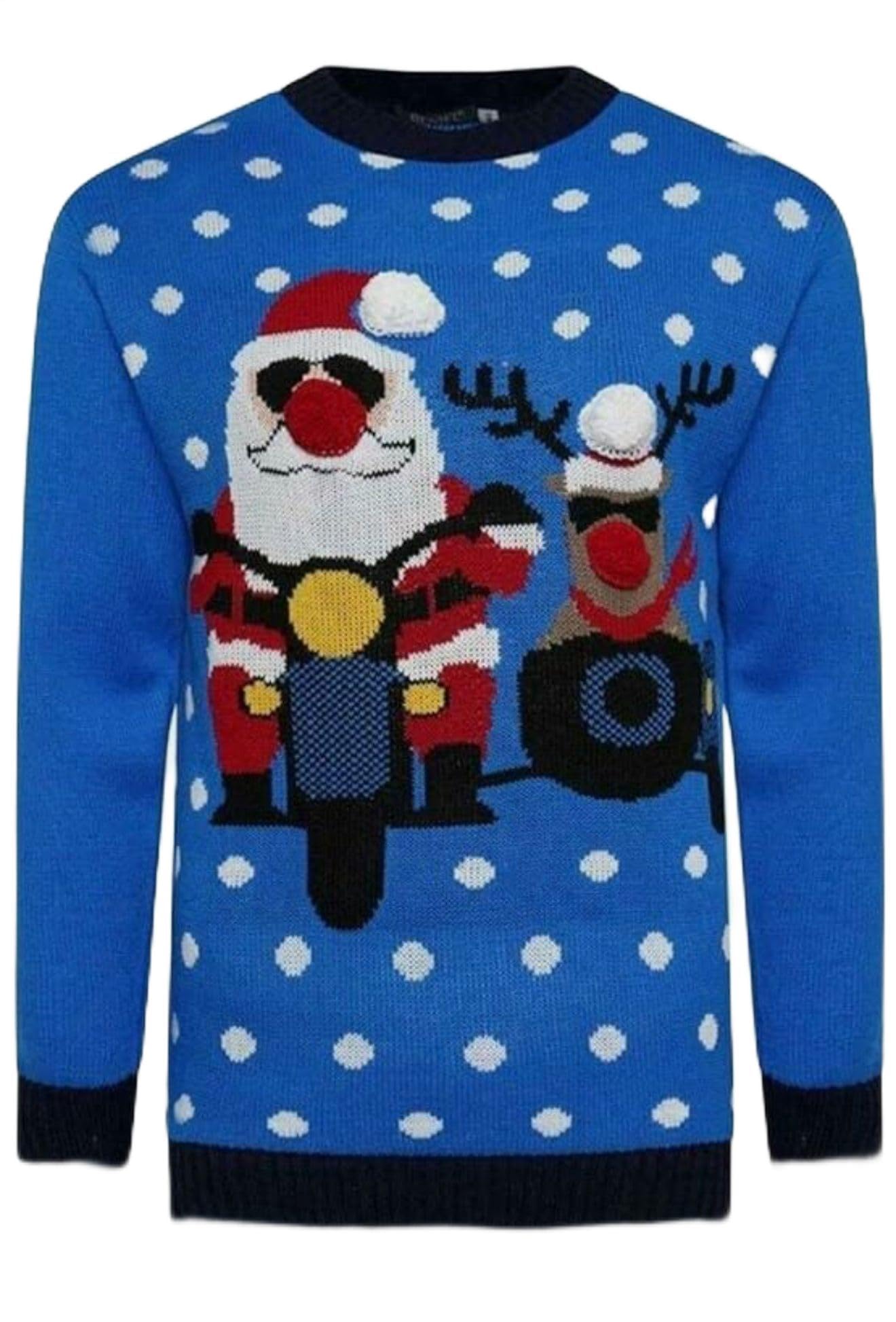 Gostyles Unisex Motorbike Blue Christmas Funny Xmas Sweater, Mens Womens Festive Knitwear Pullover Santa Xxl