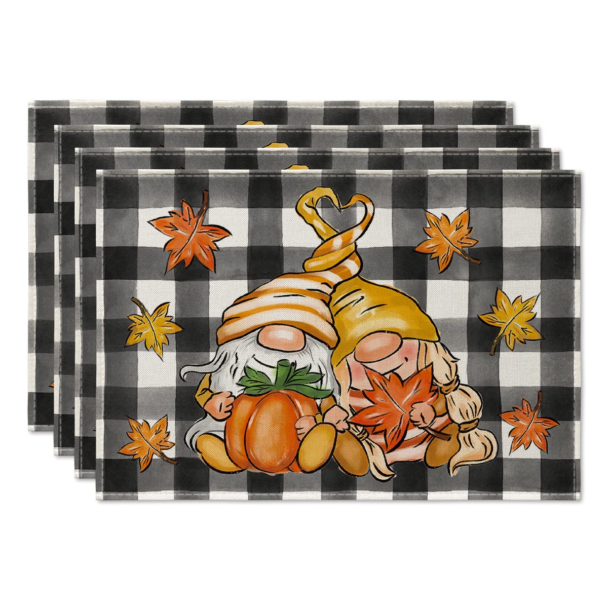 Artoid Mode Fall Gnome Pumpkin Maple Leaves Placemats Set of 4, 12x18 Inch Seasonal Autumn Thanksgiving Harvest Table Mat for Party Dining Decoration