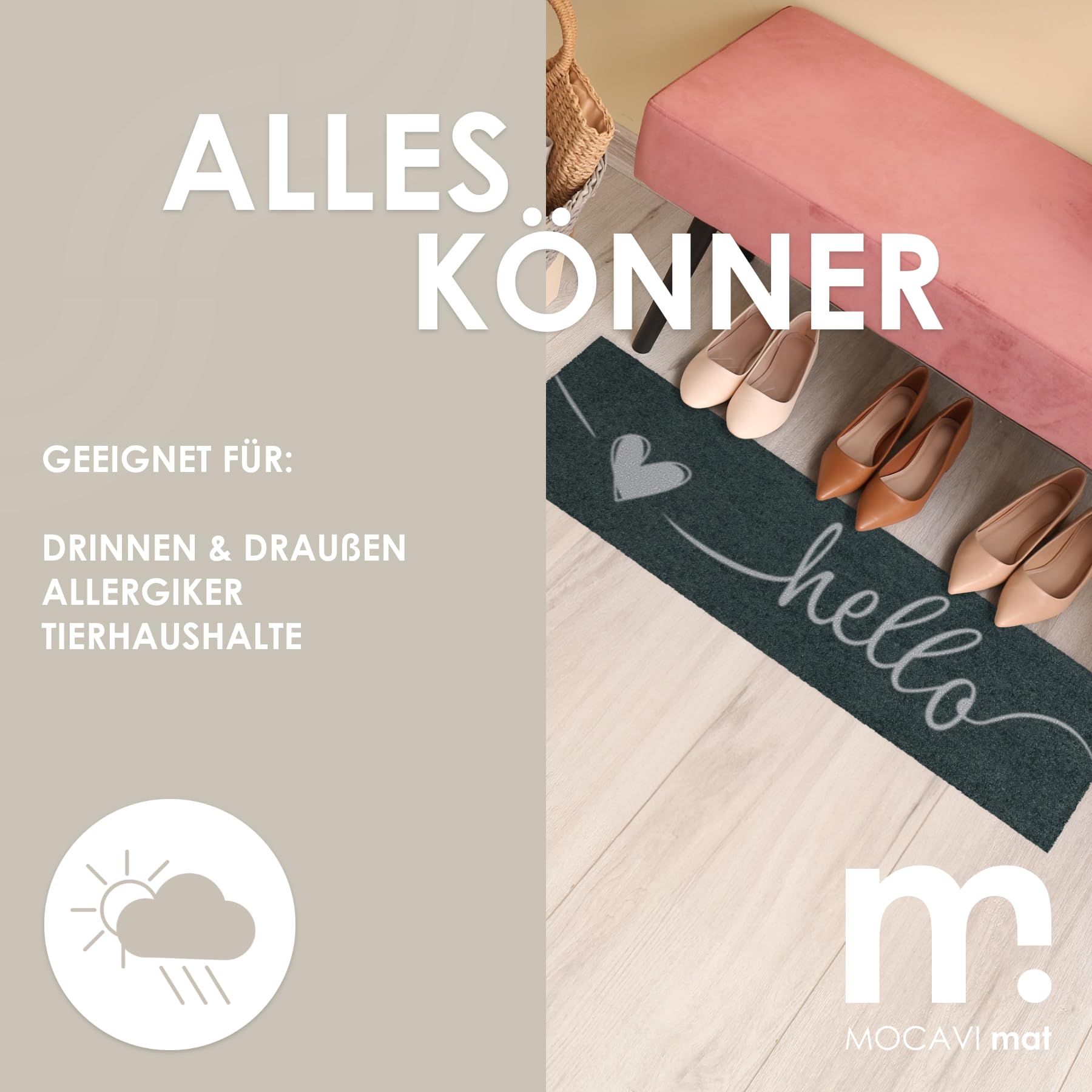 MOCAVI Mat Fußmatte Schuhparkplatz 30x100 cm waschbar Hello Herz Schuh-Teppich lang, schmal, Schuhe ausziehen, Deko sbereich innen, außen, Matte, Haustür, Stiefelmatte