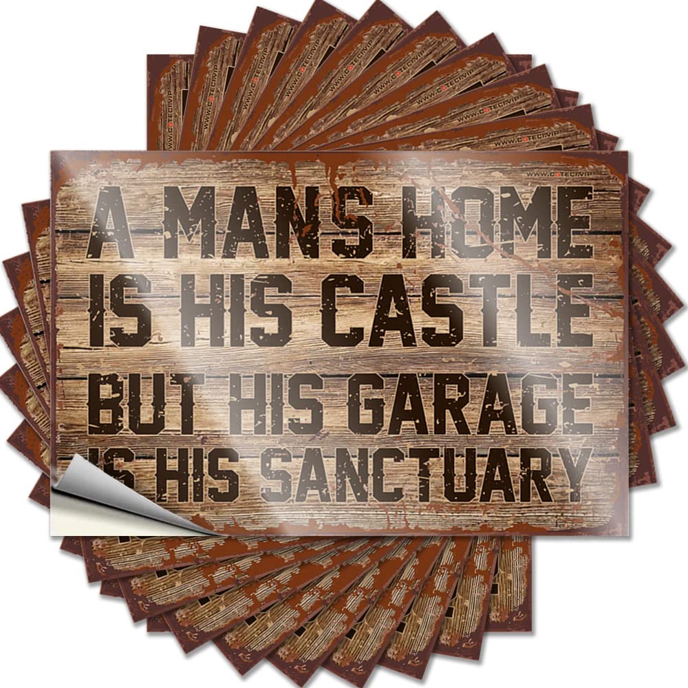 Prank Stickers A Man's Home is His Castle But Garage is Sanctuary Funny Sticker 10 Pcs Stickers Car Hardhat Stickers and Decals(8X12CM)