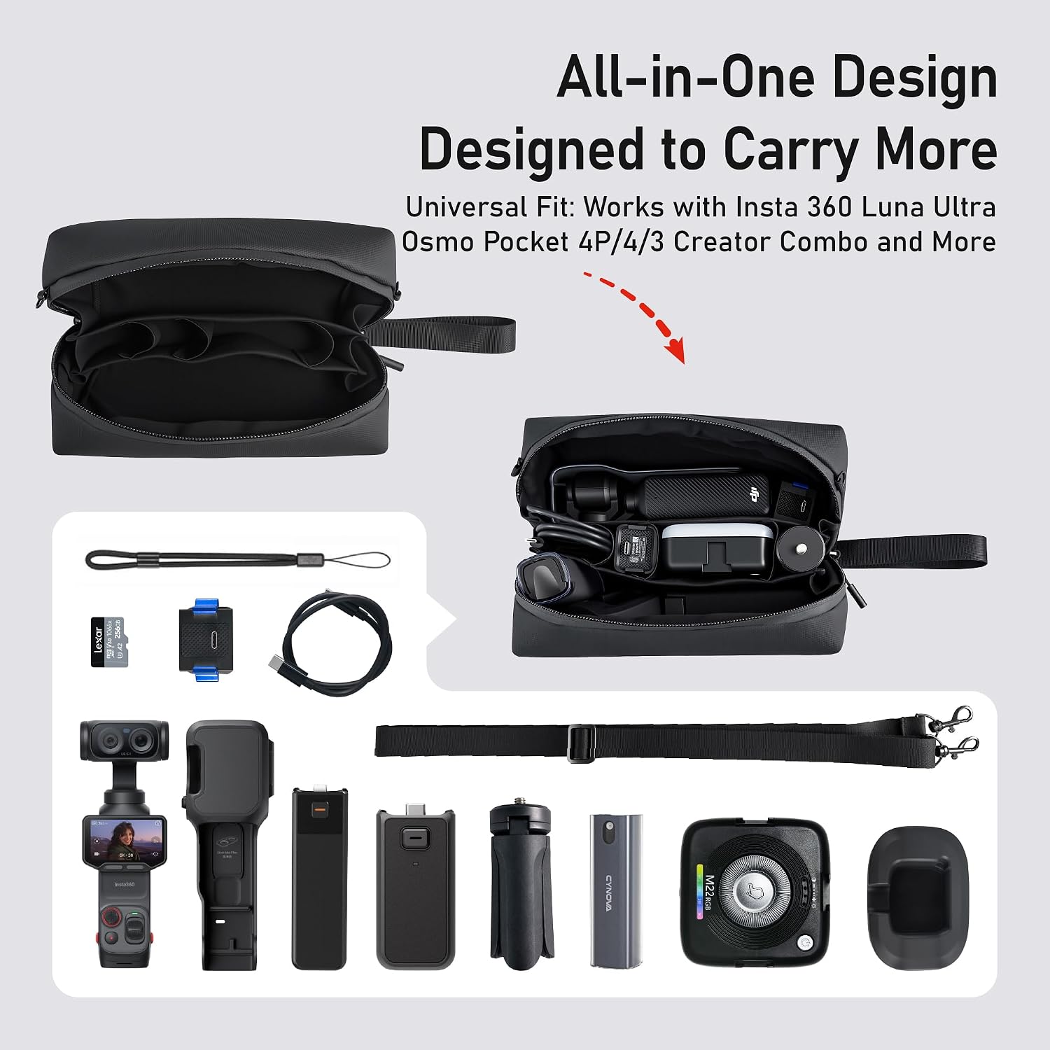 CYNOVA Insta 360 Luna Ultra Case, Compatible with DJI Pocket 4P/Pocket 4/3 | Carrying Case for Insta360 Luna Ultra Accessories, Portable Travel Storage Bag with Shoulder Strap, Large Capacity