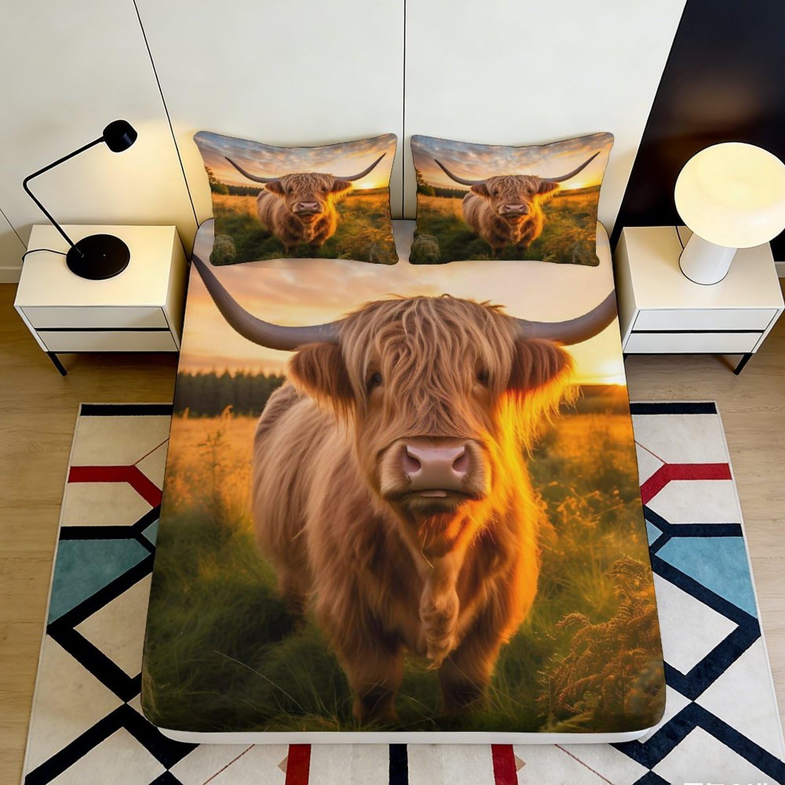 3D Printed Highland Cow Fitted Sheet Microfiber Soft Breathable Sunset Meadow Bed Cover for Bedroom Guest Room Decor 140x200x25cm