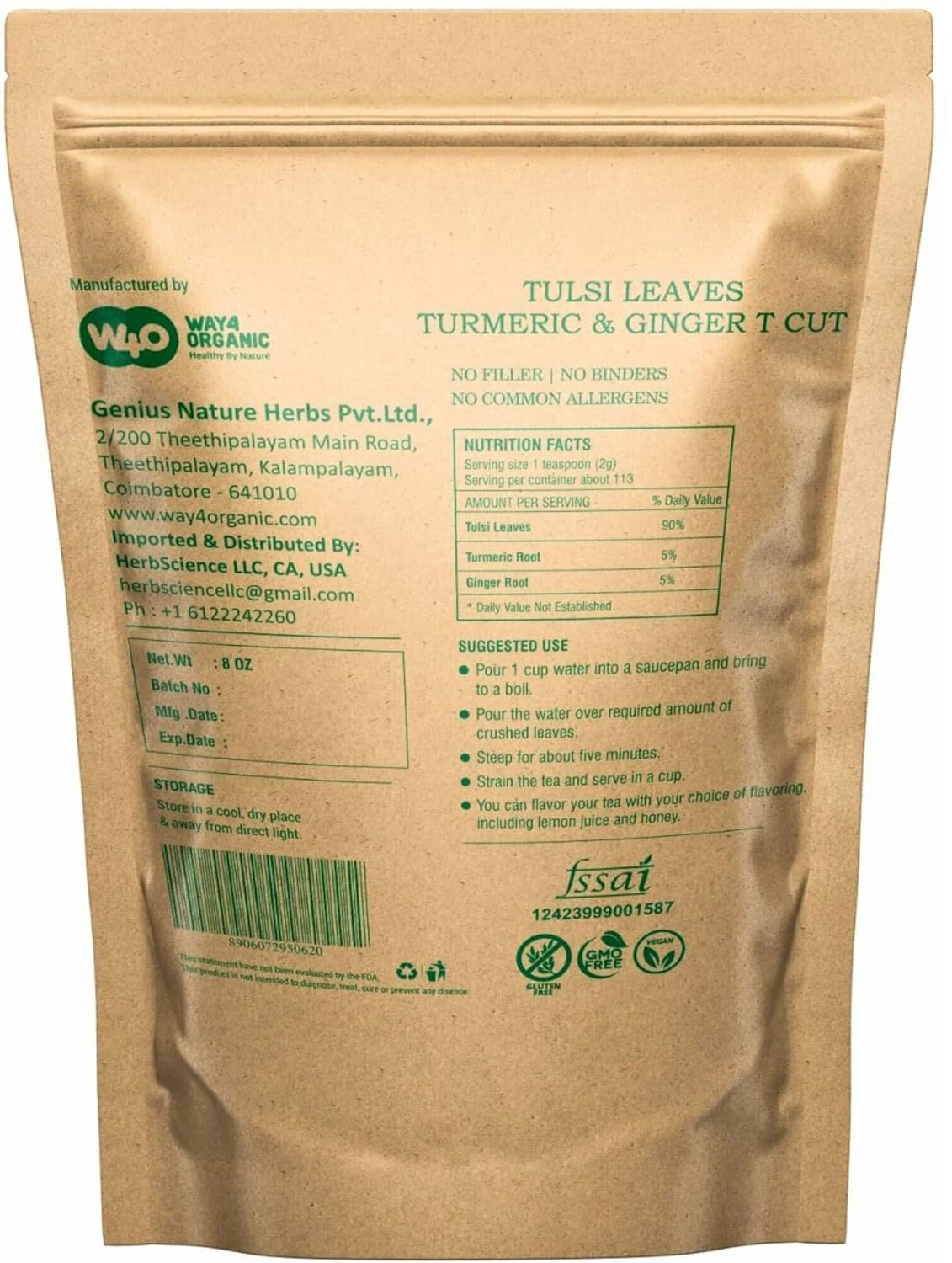 Holy Basil Tea, 8 Oz with Ginger and Turmeric, Tulsi Krishna Cut & Sifted Herbal Tea, Dried Pure Holy Basil Tulsi Leaves, Immune support with Multiple Herbs Benefits (Pack of 2) - Image 2