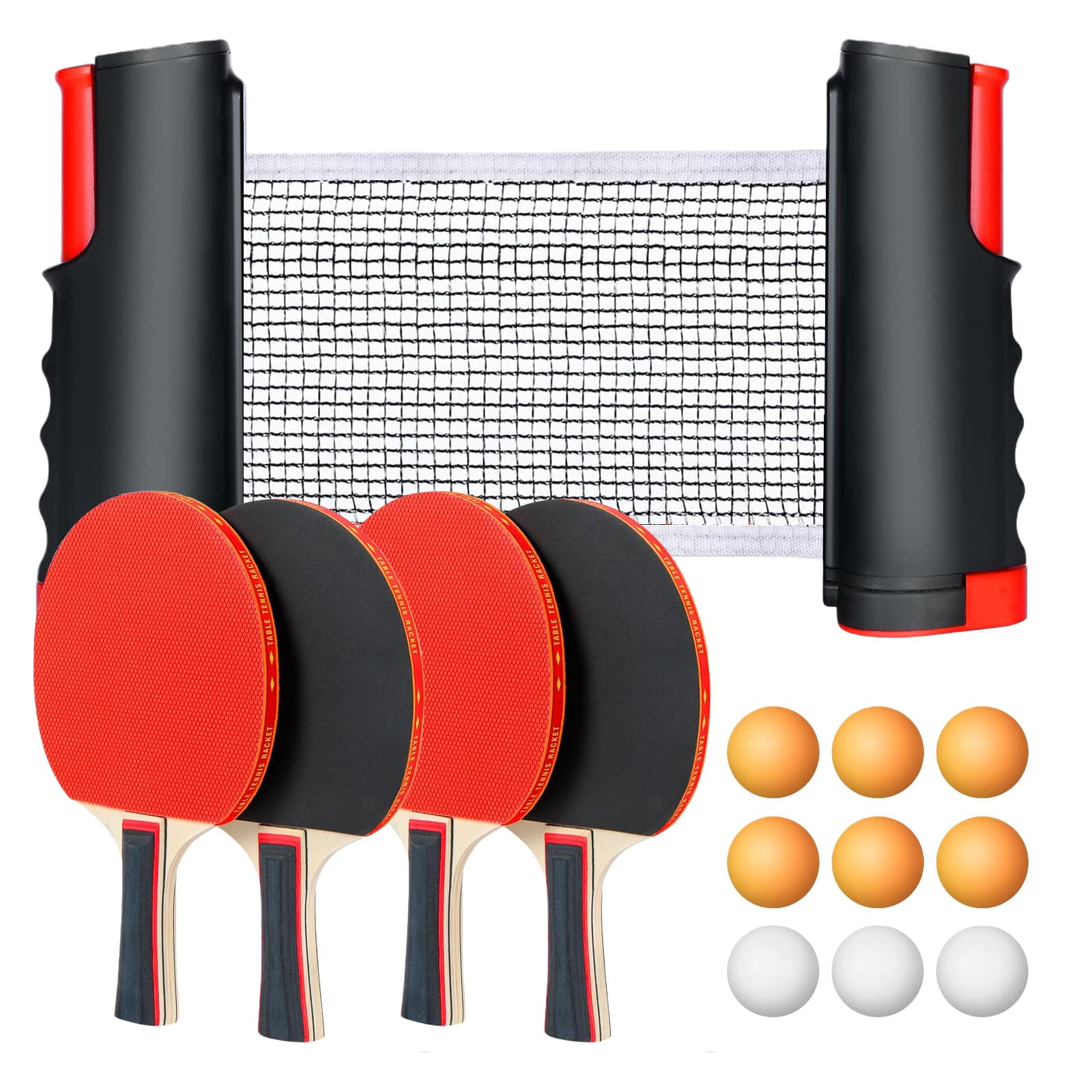 Flintronic Sets de Ping Pong, Juego de Raquetas de Tenis de Mesa Professionales, 2 Raquetas de Ping Pong, 6 Bolas, 1 Red Retráctil, 1 Bolsa de Almacenamiento, para Exterior y Hogar, Juego de Oficina