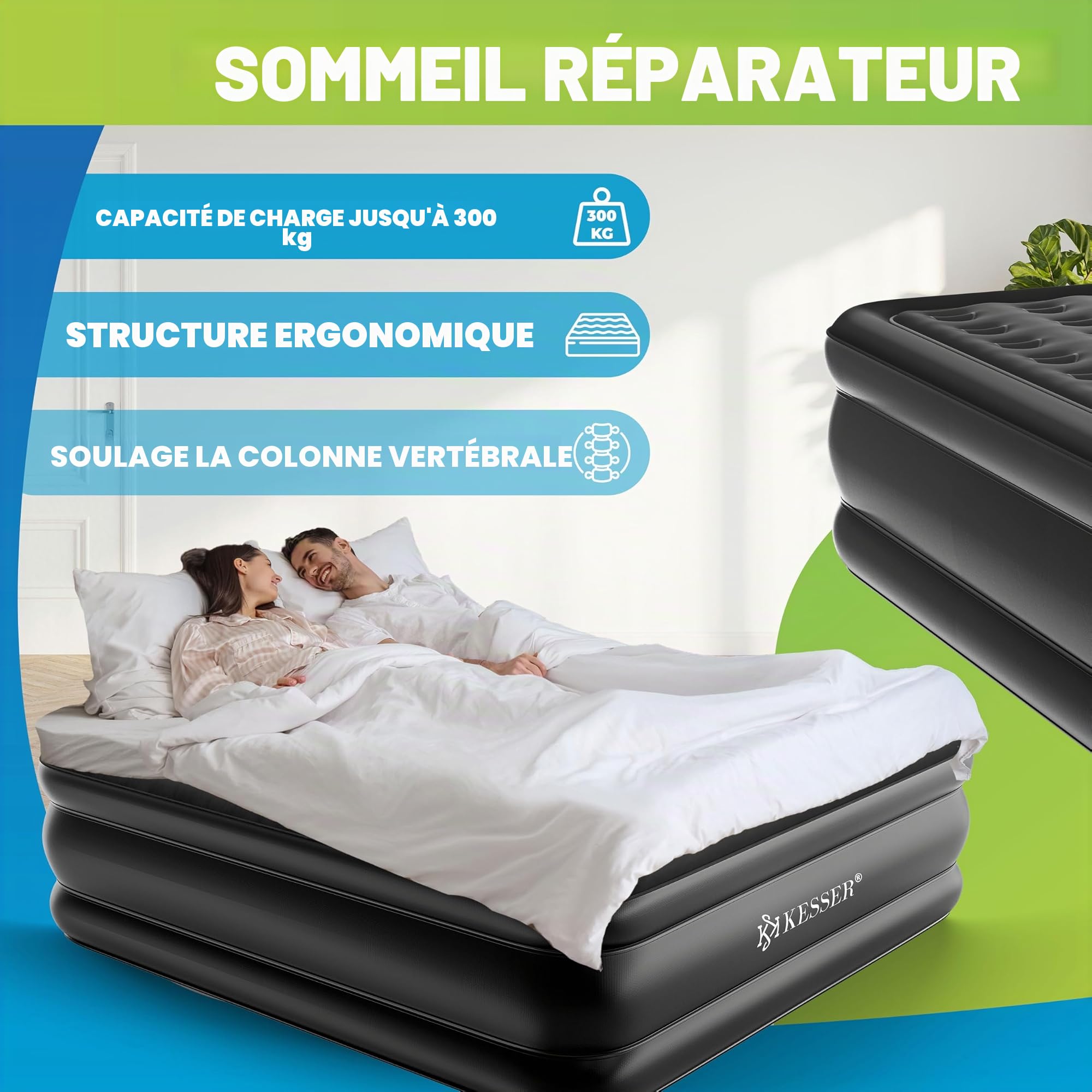 KESSER Matelas Gonflable Lit Gonflable Lit d'appoint autogonflant avec Pompe électrique intégrée, Matelas pneumatique pour Le Camping ou Un Usage Domestique avec Sac, 2 Personnes, 203 x 152,5 x 51 cm