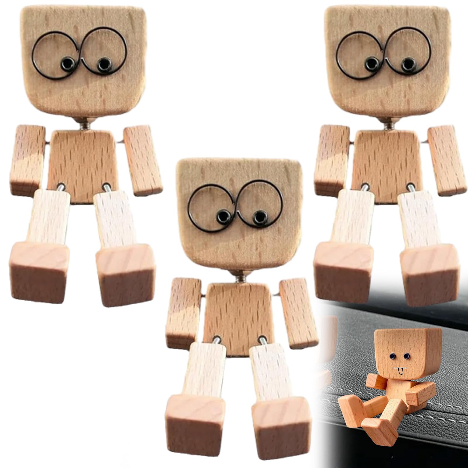 TASBER Shaking Wooden Man Figurine, Wooden Man with Wobbly Legs Car Accessories for Men, Santa Design Feet Shaking, Car Dashboard Accessories, for Friends Familys (3pack)