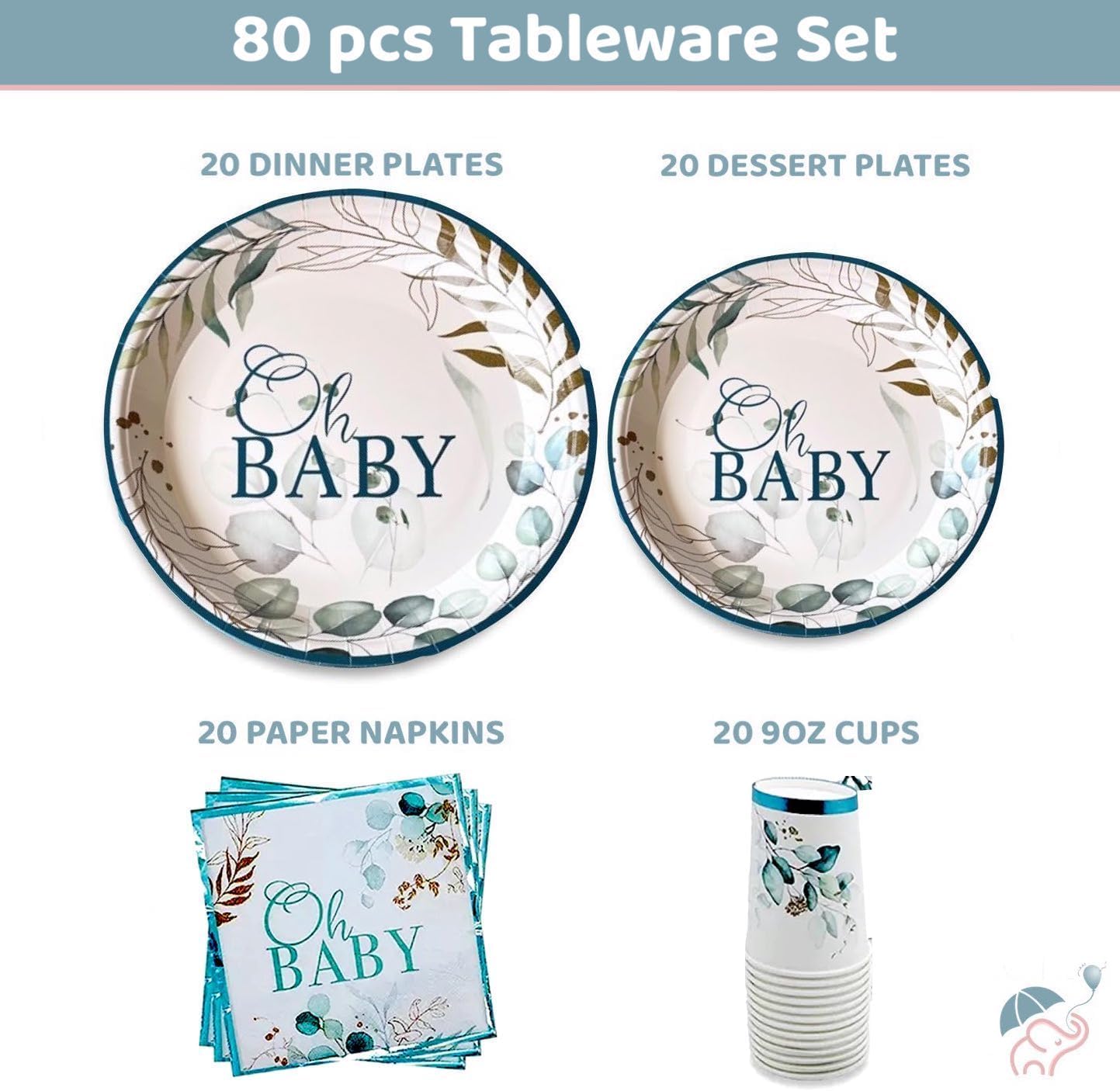 Tableware Set for Baby Shower With Blue Foil, 20 Servings, Plates, Napkins and Cups. 80 pcs Set.
