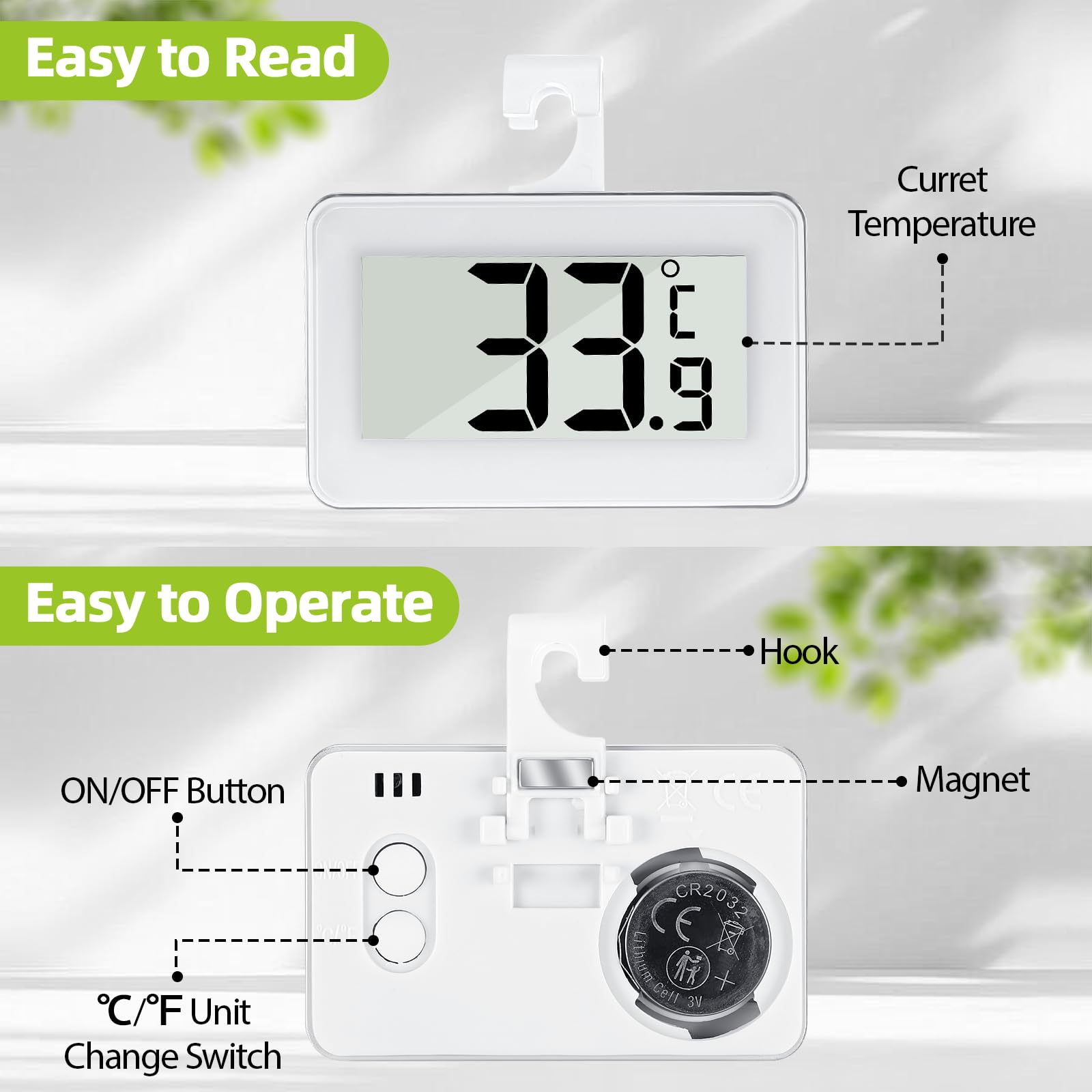 Kasanni 2 Pieces Fridge Thermometer, Freezer Thermometer with Large Screen, Fridge Thermometer with Hook and Magnetic Attachment, Max/Min Memory Function, Digital Thermometer — view 4