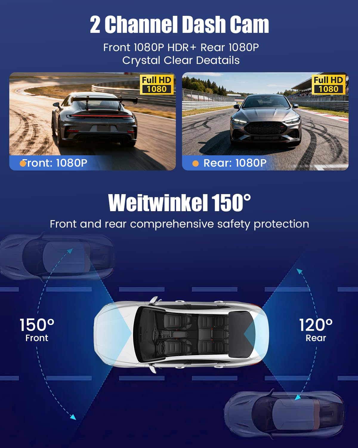 9,66" Spiegel Dashcam Vorne Hinten 1080P, WiFi, IPS-Touchscreen