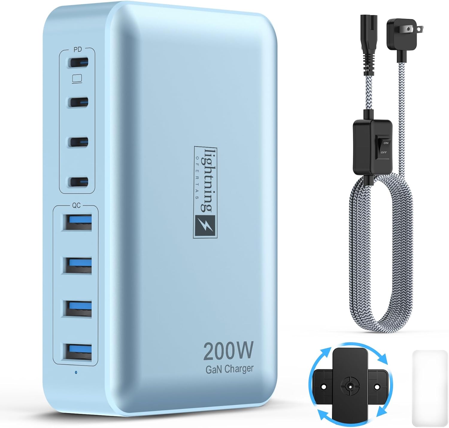 8-Port Multi Charging Stations 200W with Flat Plug, Braided Power Cord, and On/Off Switch- USB Charging Hub for iPhone, iPad, MacBook and More- 65W C Port Power Adapter for Laptops