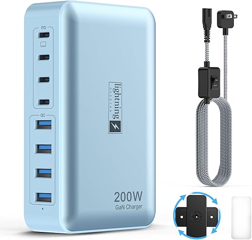 Estaciones de carga múltiple de 8 puertos de 200 W con enchufe plano, cable de alimentación trenzado e interruptor de encendidoapagado, concentrador
