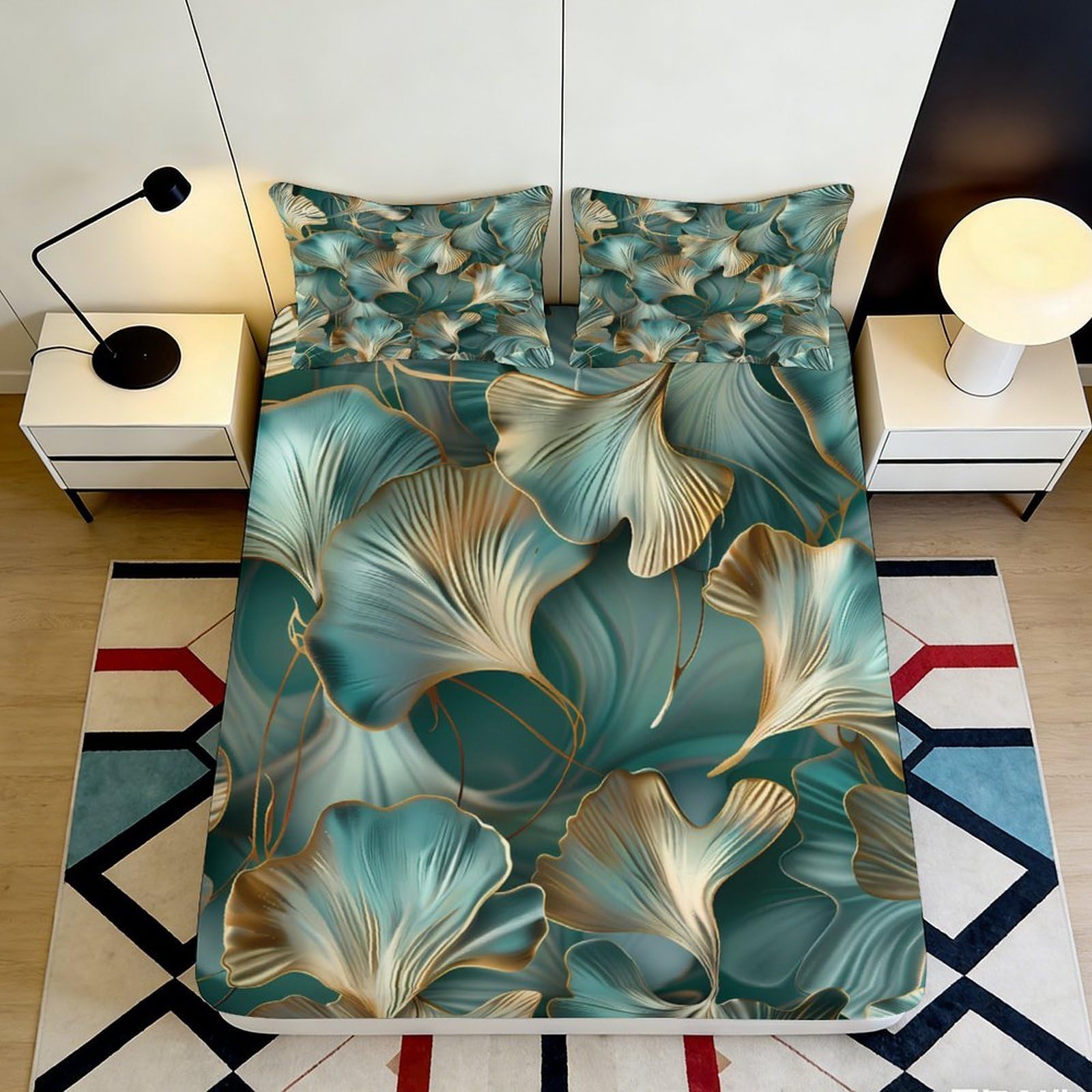 3D Printed Green Ginkgo Fitted Sheet Microfiber Soft Decorative Golden Leaves Bed Sheet for Bedroom Dorm Mattress Protection 90x200x25cm