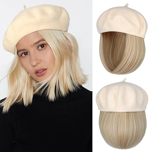 Miniatura 7 de Gorro de boina con extensiones de cabello, sombrero clásico de lana francesa adjunta, 12 pulgadas, lacio, corto, Bob sintético, para mujer, marrón