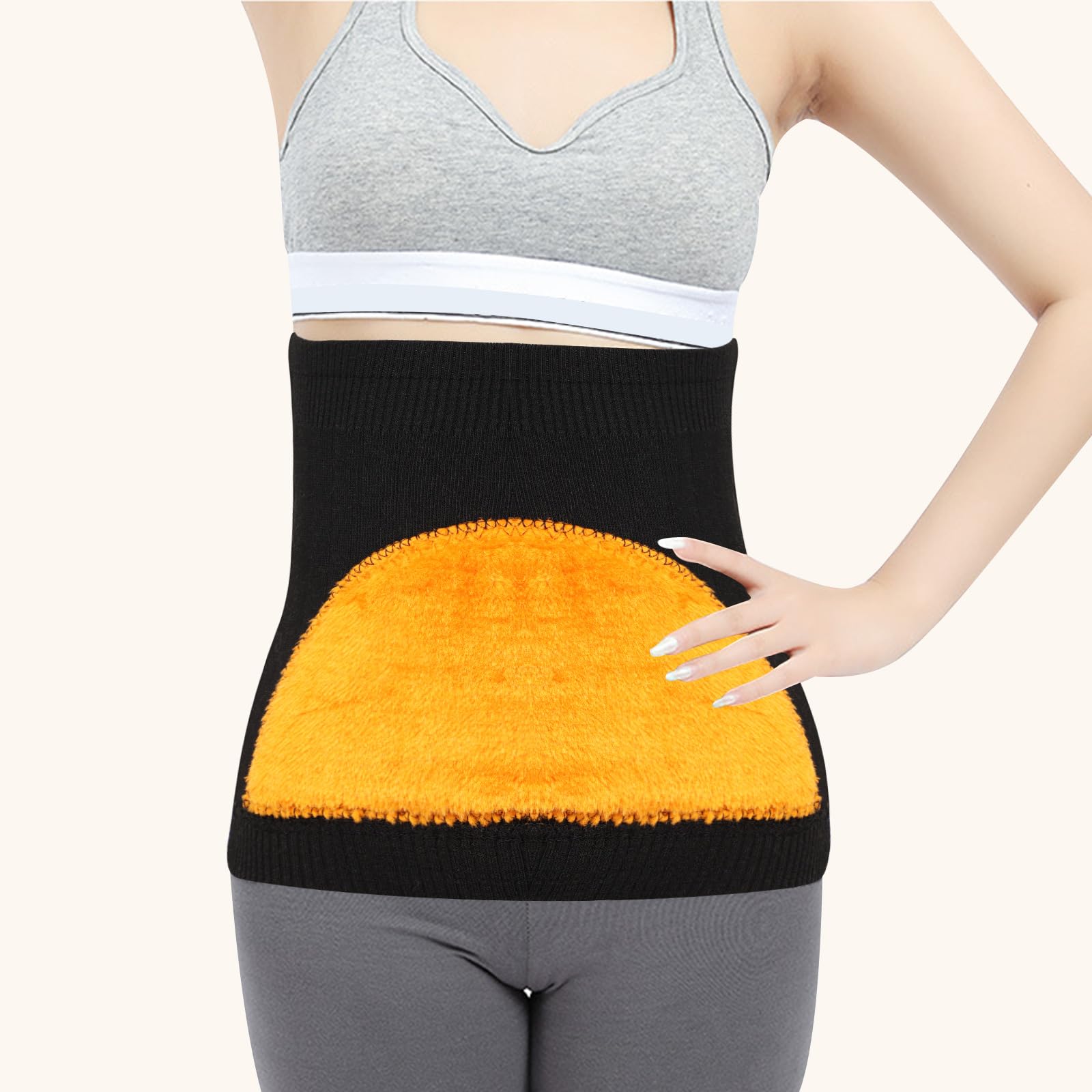 Risipu Cinturón térmico de cachemira para mujer, invierno, elástico, soporte para la cintura y el abdomen, alivio para la espalda, la columna lumbar y el dolor menstrual (Negro con forro polar, talla