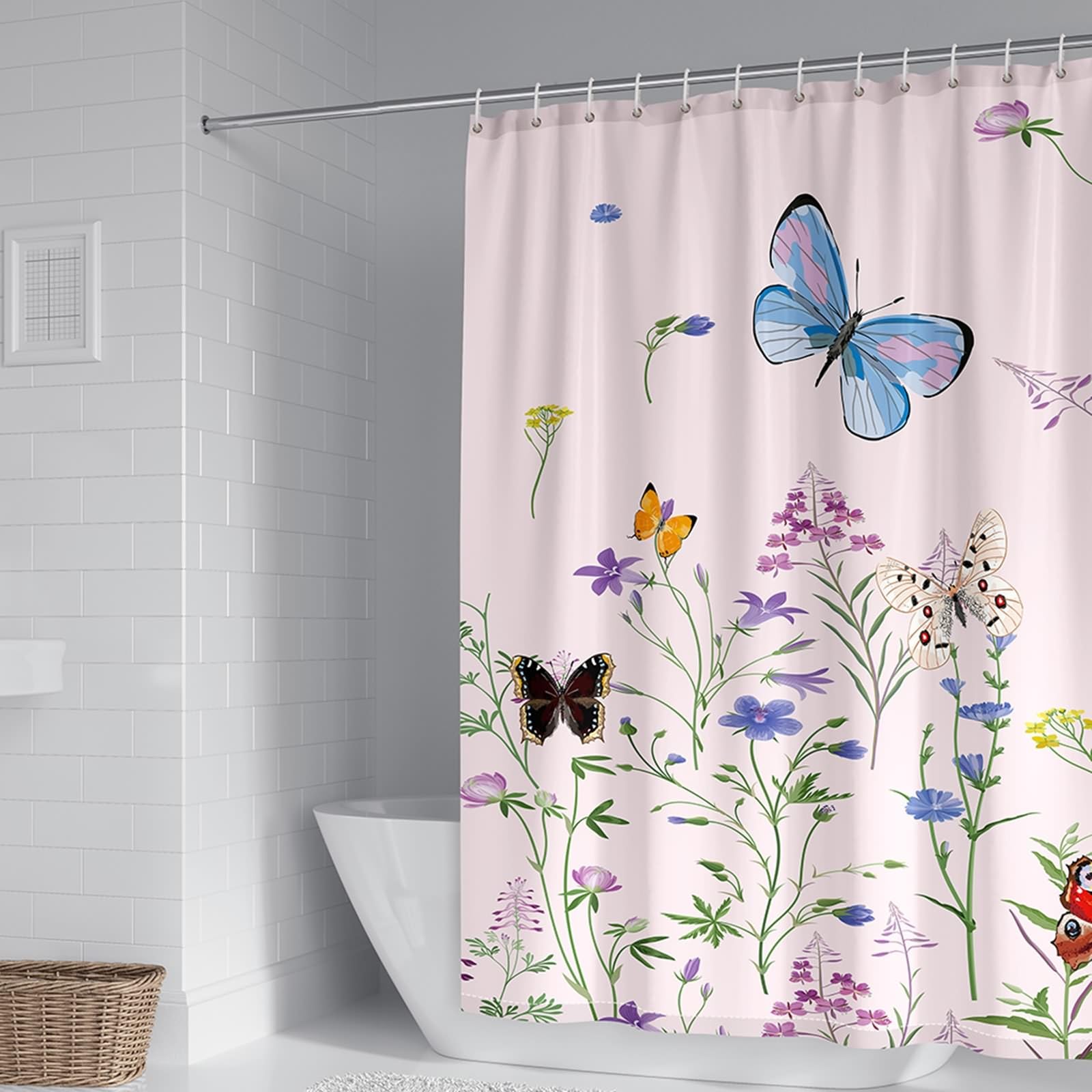 Zasłona prysznicowa z pierścieniami, poliester zielony jasnoróżowy wiosna roślina botaniczna motyl zasłona prysznicowa z Grommets i haczykami, 300 x 200 cm