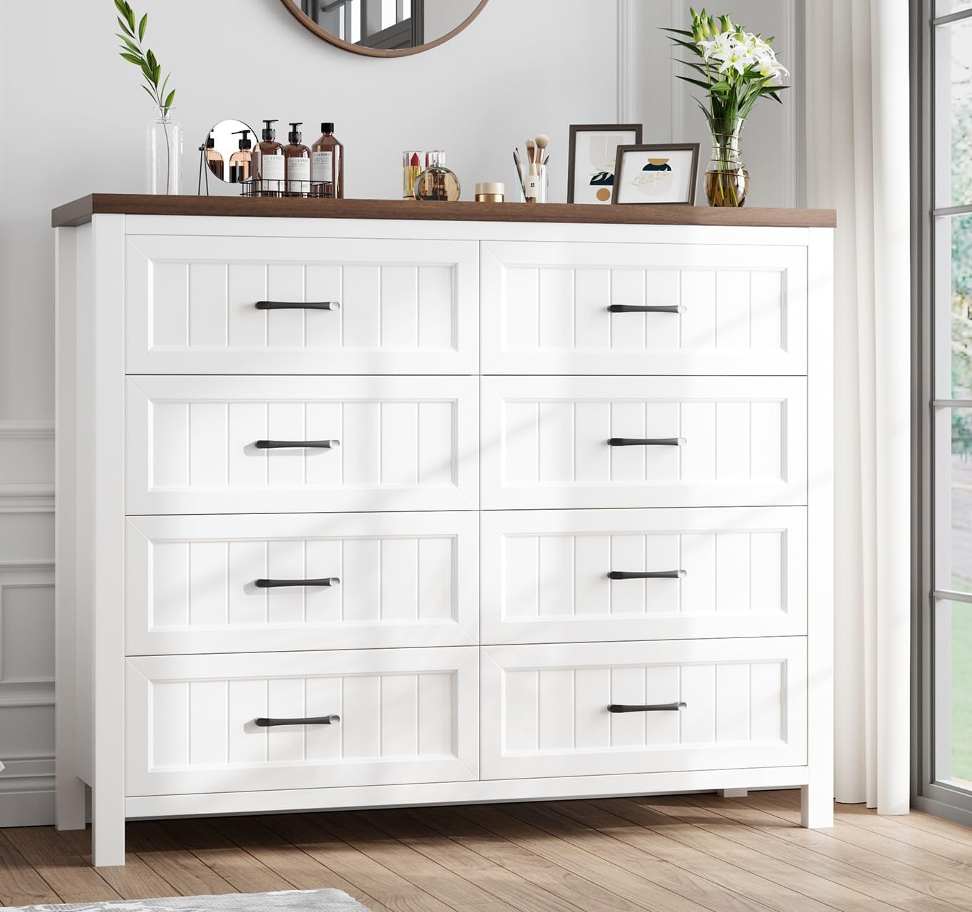 Jocoevol Elegant Farmhouse 8 Drawer Dresser for Bedroom - Large Wooden Double Dressers with Deep Drawers Dressers for Hallway, or Entryway - White & Brown