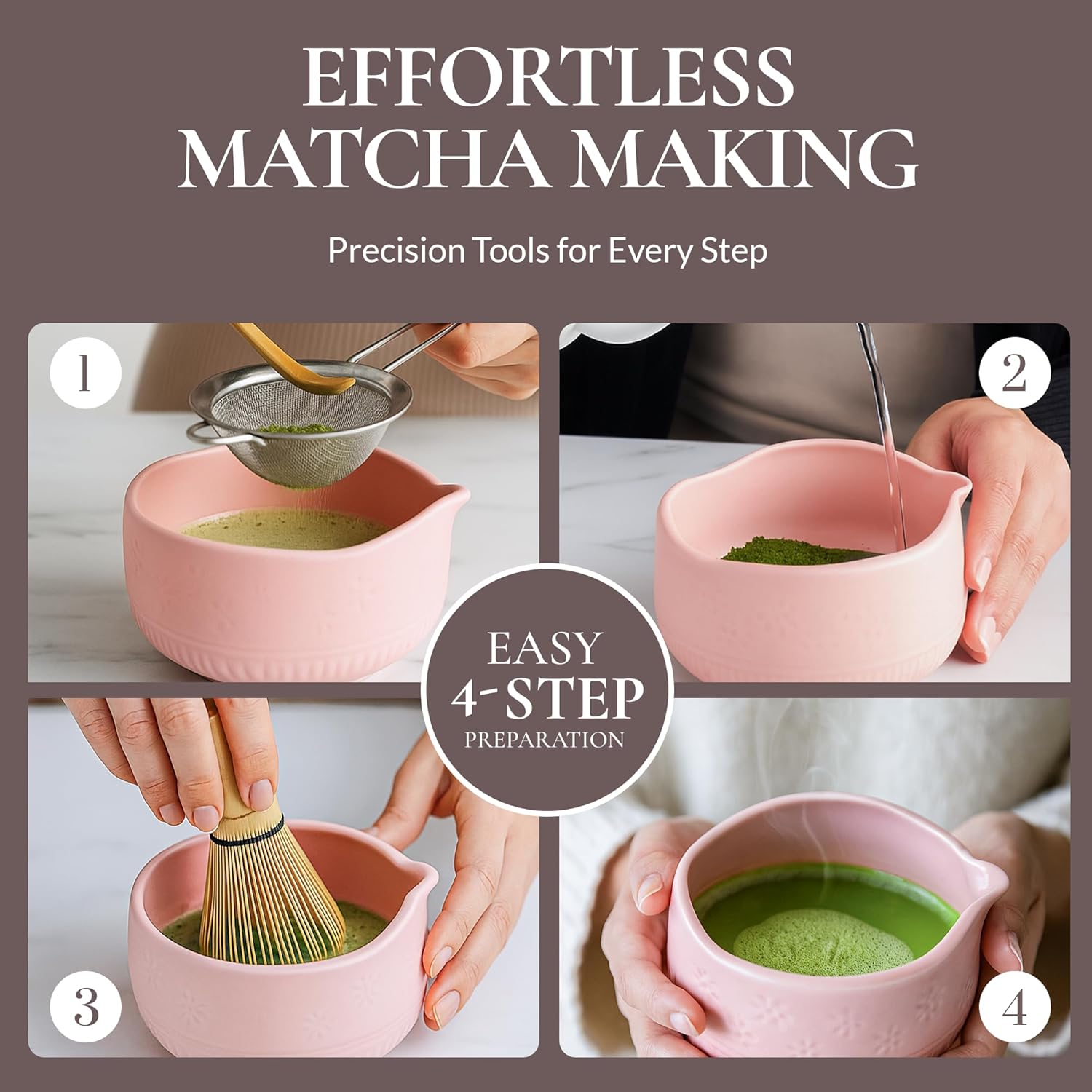 7-Piece Matcha Whisk Set – Ceramic Bowl with Spout, Bamboo Whisk & Holder, Scoop, Sifter, Tea Towel – Complete Ceremonial Tea Kit (Pink)
