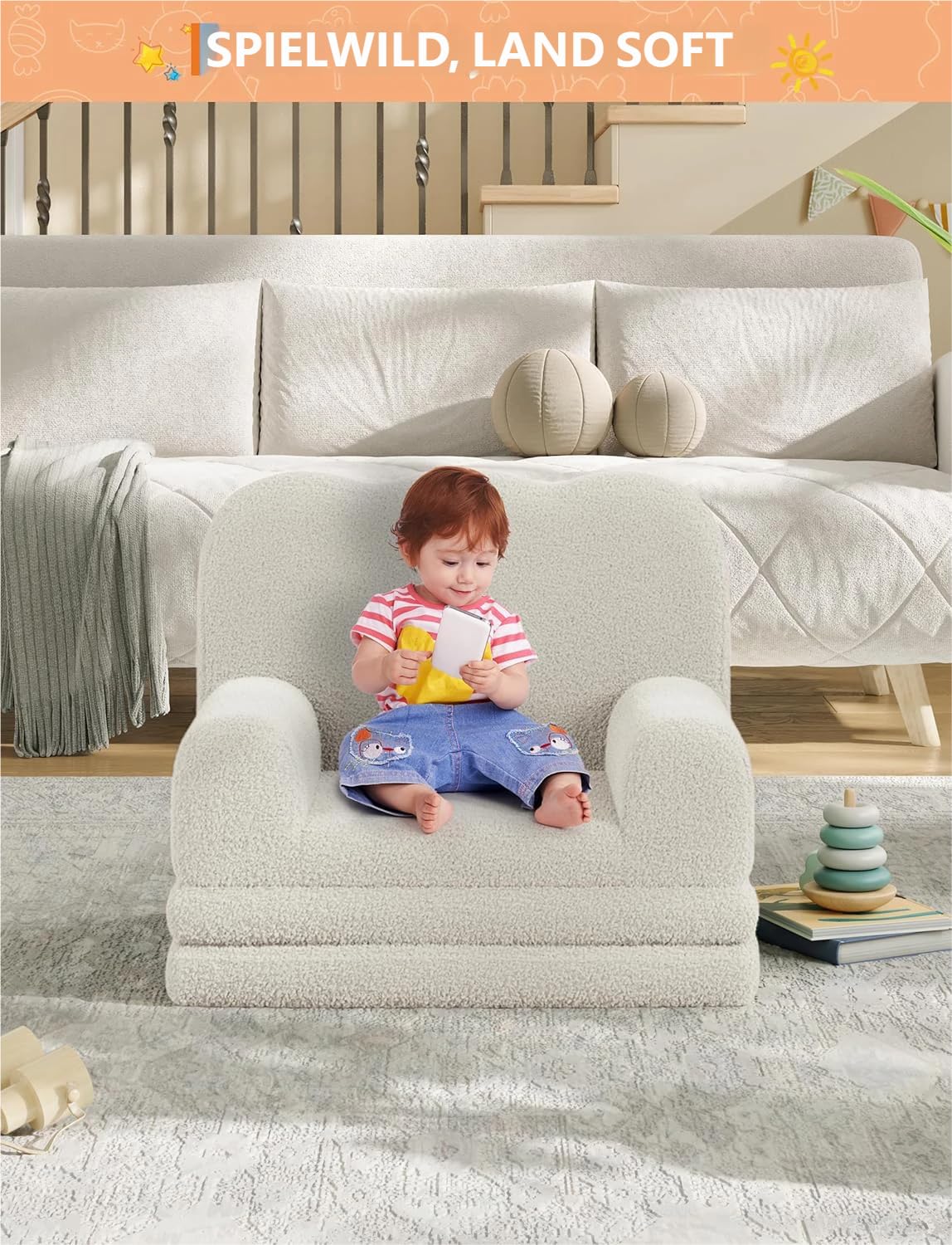 Garvee Kindersofa Ausklappbar 2-in-1 Kindersessel, Soft Sherpa Spielsofa für Kleinkinder, Weißes Wellendesign, Bequemes Sofa zum Schlafen und Spielen, Kinderzimmer Möbel, rutschfest