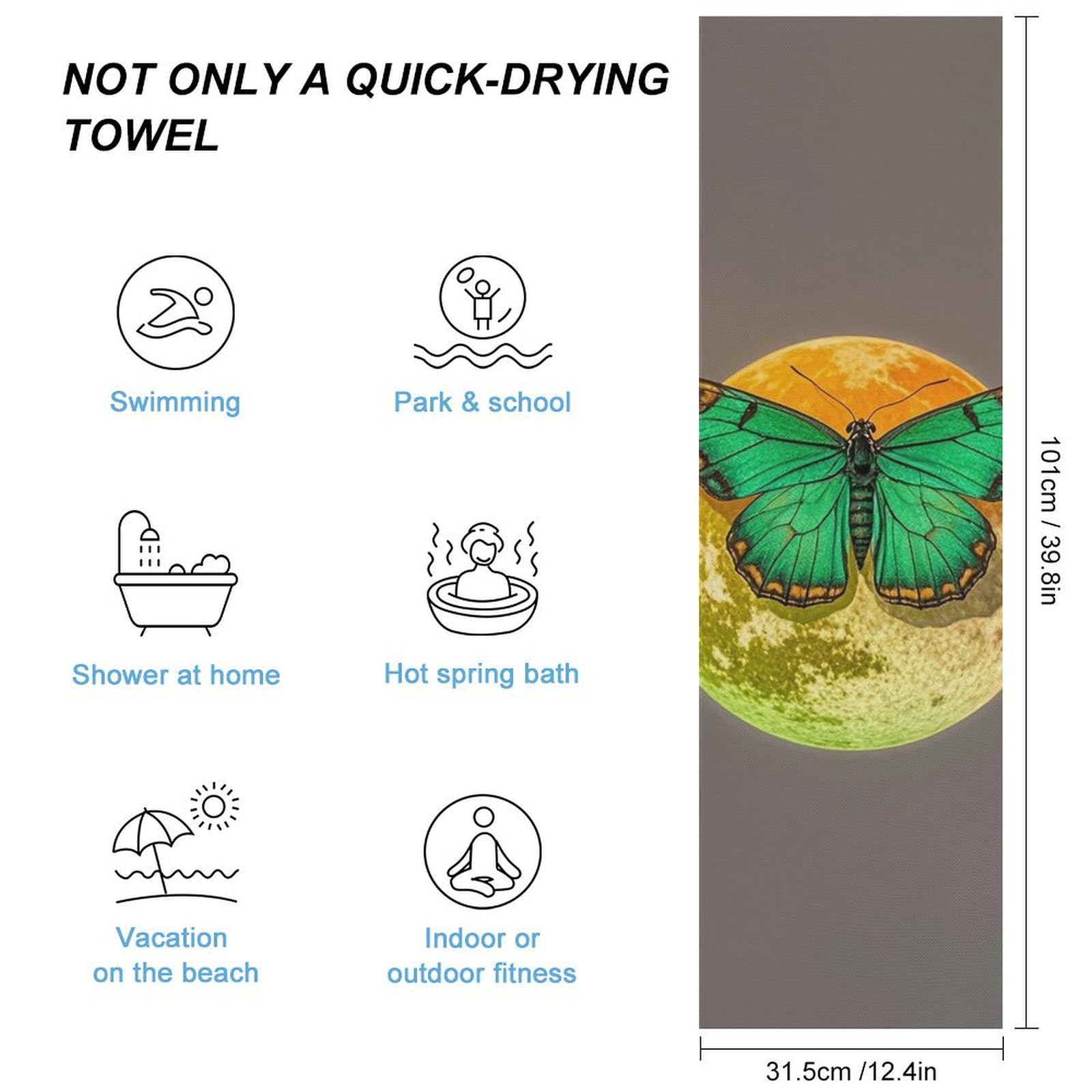 FHESDCW Sun and Moon Green Moth Towel Quick Dry Ice Towels for Hot Weather Breathable Camping Towels Sweat Super Absorbent Bathroom Towel for Gym Yoga Pilates Exercise
