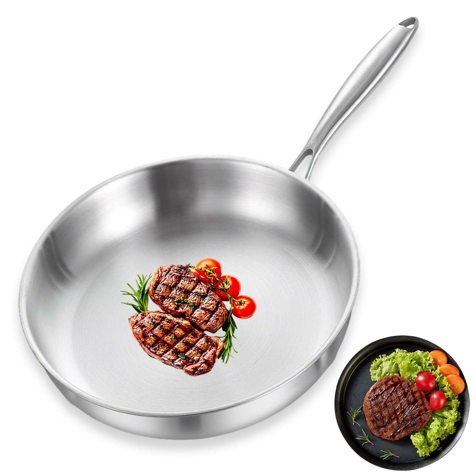 Poêle en acier inoxydable 28cm compatible induction triple épaisseur sans revêtement
