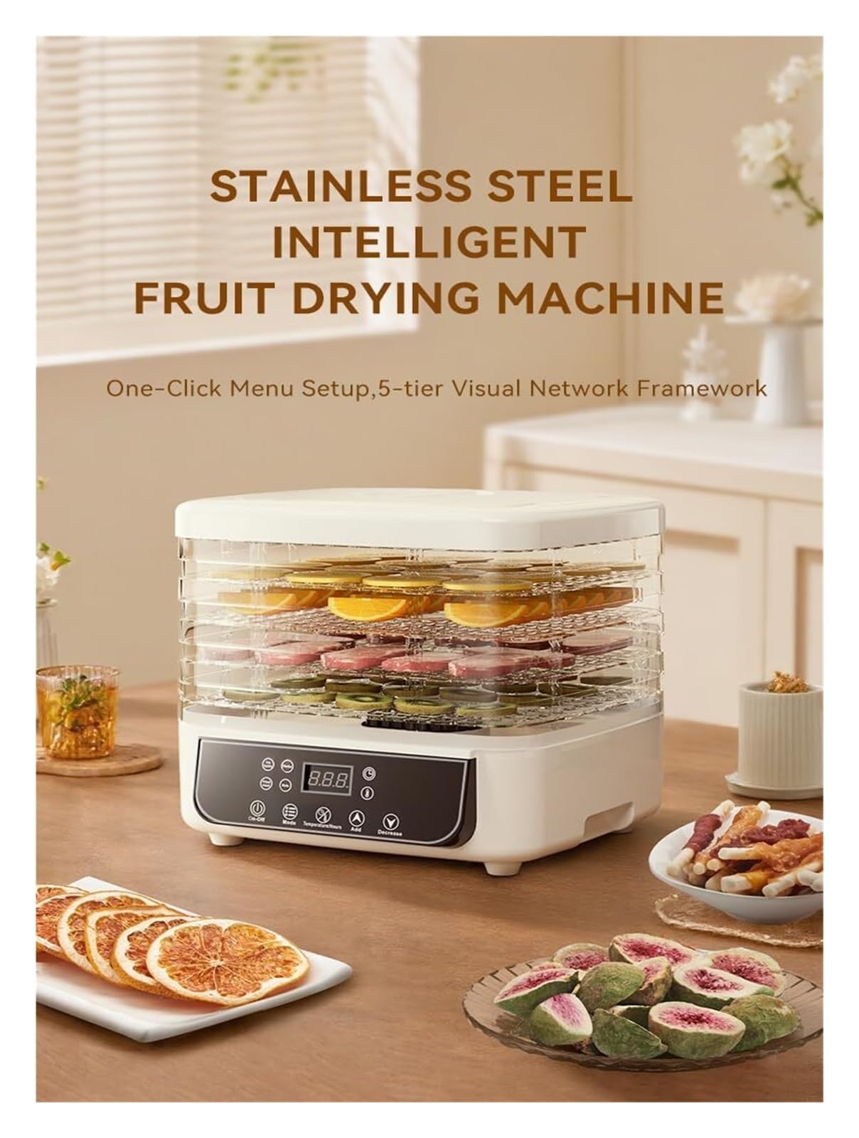 Máquina deshidratadora de alimentos con flujo de aire de 360°, temporizador y control de temperatura, prepara refrigerios caseros saludables for cecina, frutas y verduras.