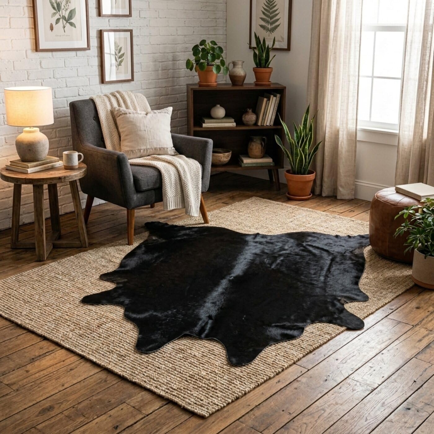 Hide & Haus Tapis en Peau de Vache véritable Noir, Format Grand (220 x 200 cm), avec 4 Dessous de Verre en Peau de Vache