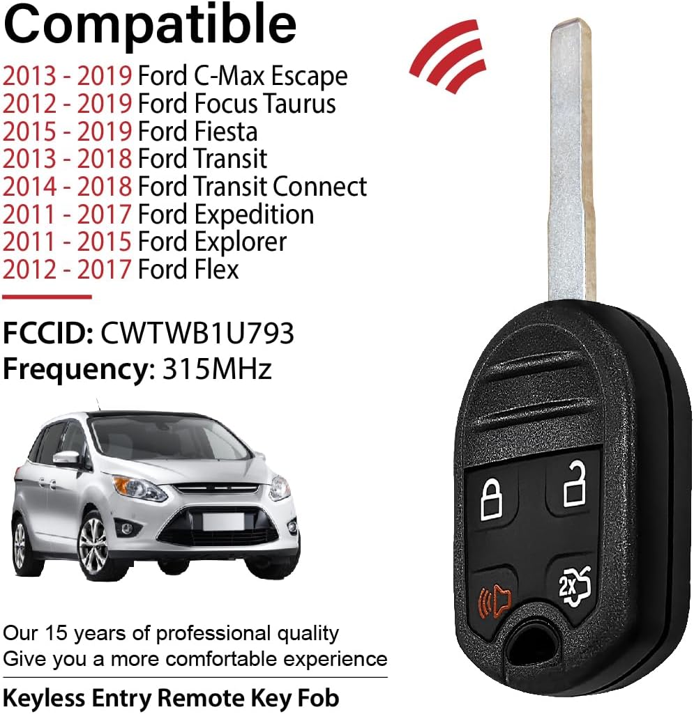 Car Key Fob Remote Keyless Entry Control CWTWB1U793 315MHz 4 Button Replacement for 2011-2019 Ford C-Max Escape Focus Fiesta Transit Flex Taurus