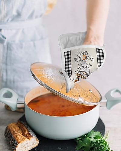 Miniatura 4 de Juego de 2 soportes para ollas de Halloween para cocina, antideslizantes y aislantes de calor, juego de agarraderas de tela de toalla con bolsillo,