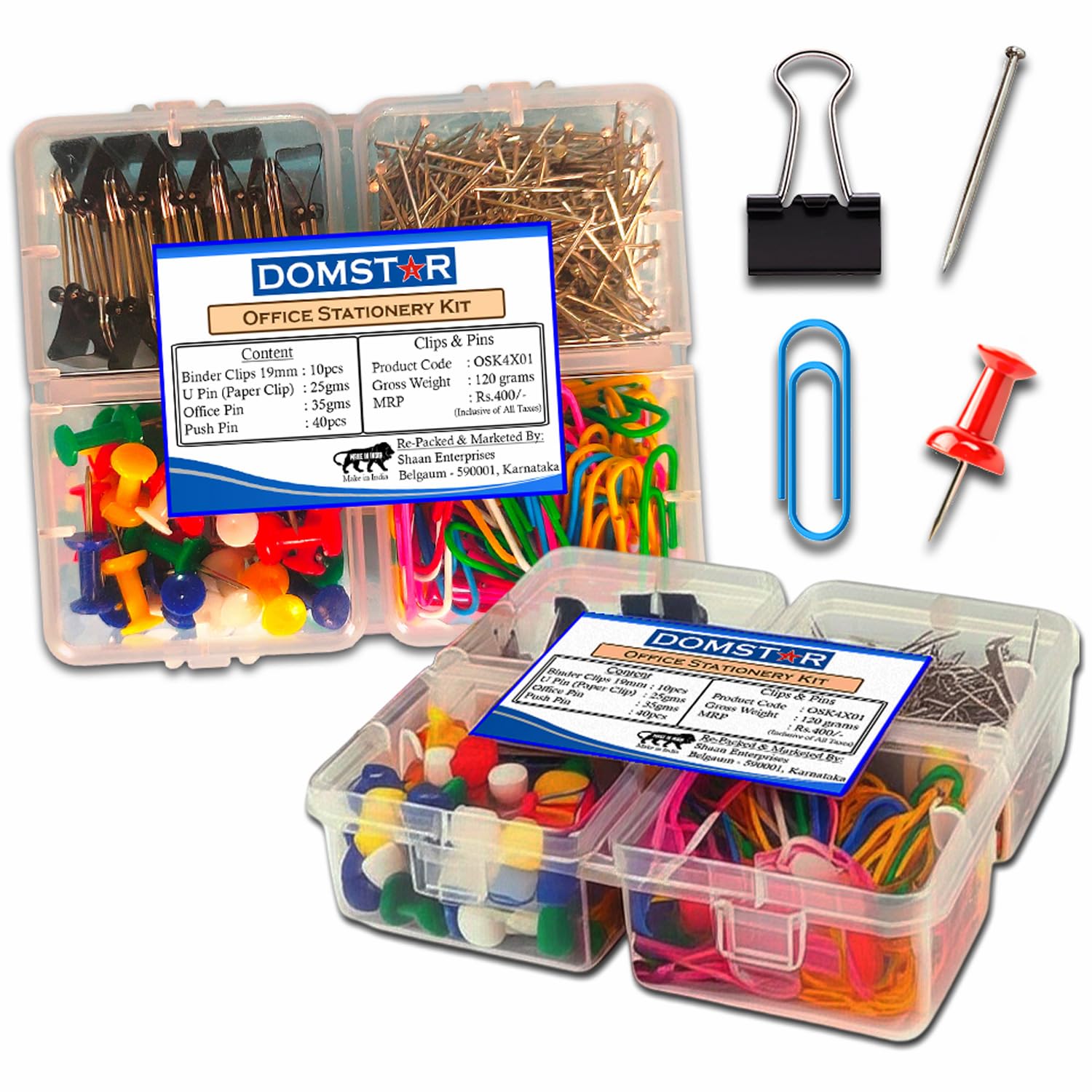 DOMSTAR 4-in-1 Office Stationery Set | Desk Organizer Kit with Binder Clips, Push Pins, Paper Clips (U Pins) & Office Pins in a Smart 4-Compartment Storage Box for Home, Office & School Use