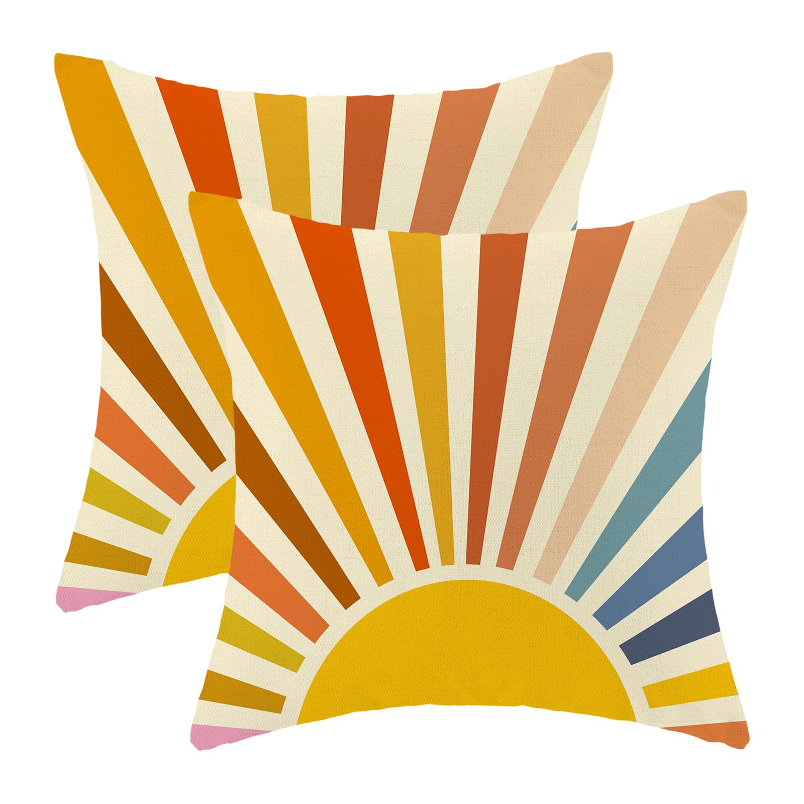 Summer Pillow Covers 18 x 18 Inch Set of 2 Rainbow Sun Throw Pillows Outdoor Decorative Boho Colorful Stripes Yellow Sunshine Sunrise Pillowcases