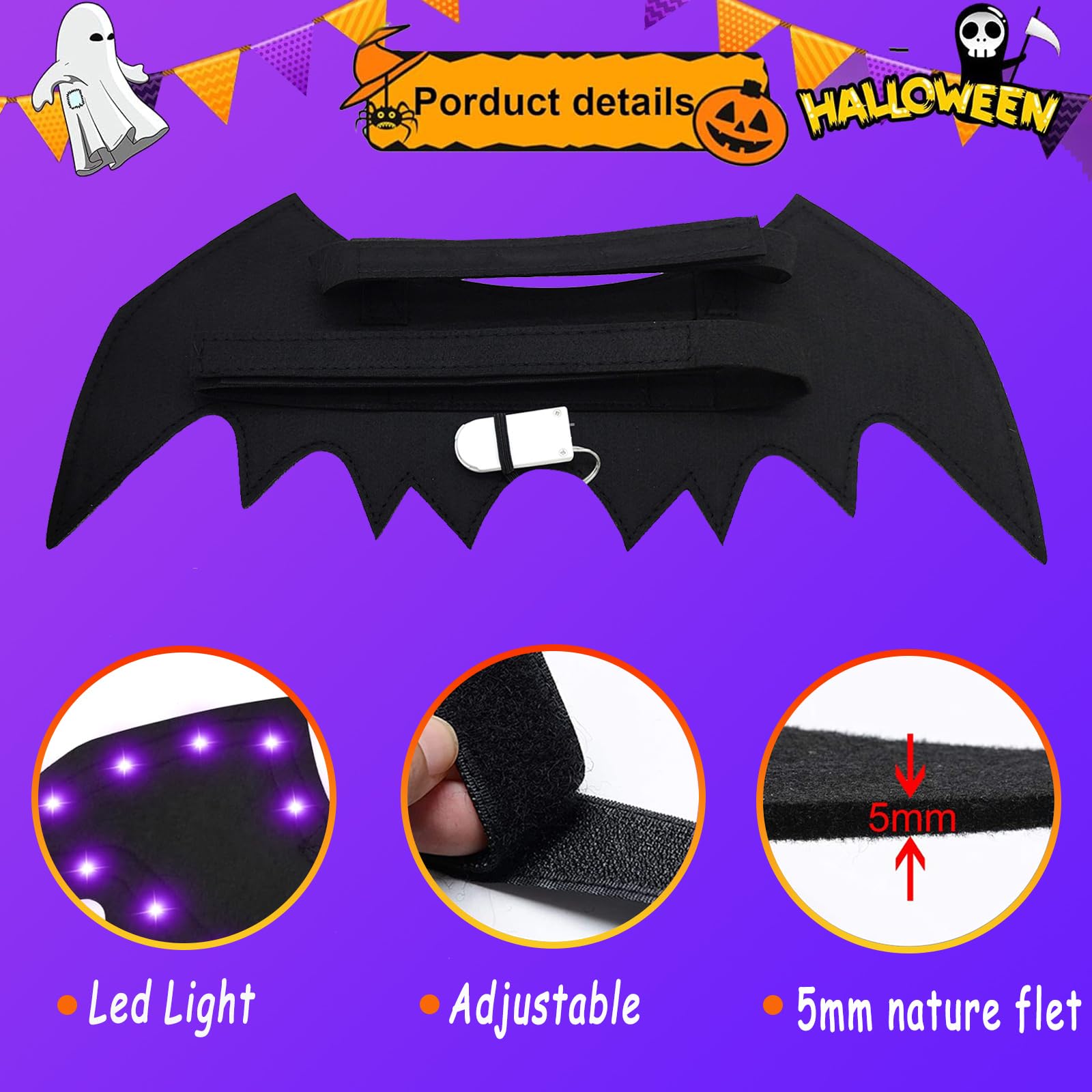 Costume da pipistrello per cani, con ali di pipistrello illuminate, costume per Halloween e animali domestici, con ali di pipistrello, per cosplay, divertente, per feste, abbigliamento alla moda, per