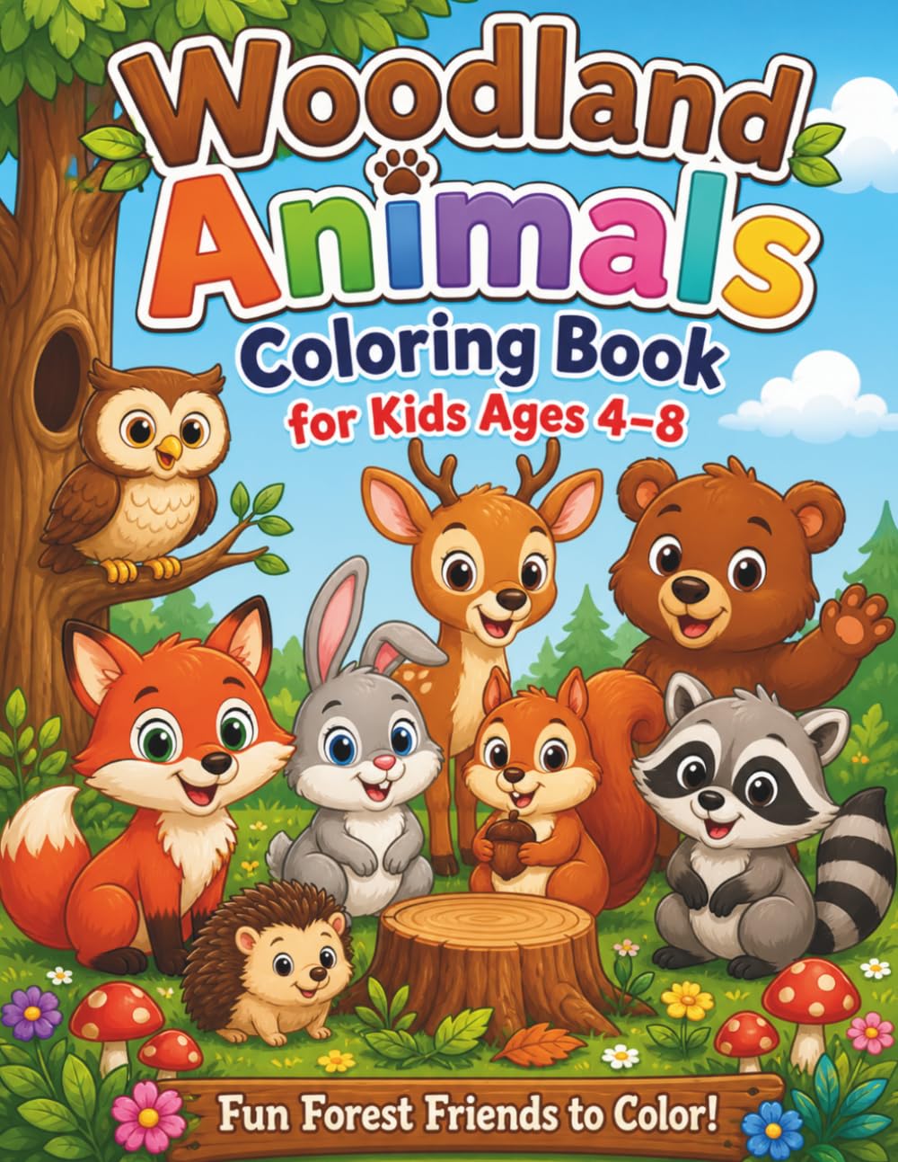 Woodland Animals Coloring Book for Kids Ages 4-8: 50 Cute Forest Animal Coloring Pages with Foxes, Bears, Bunnies, Owls, Squirrels, Deer, Raccoons, Hedgehogs and More