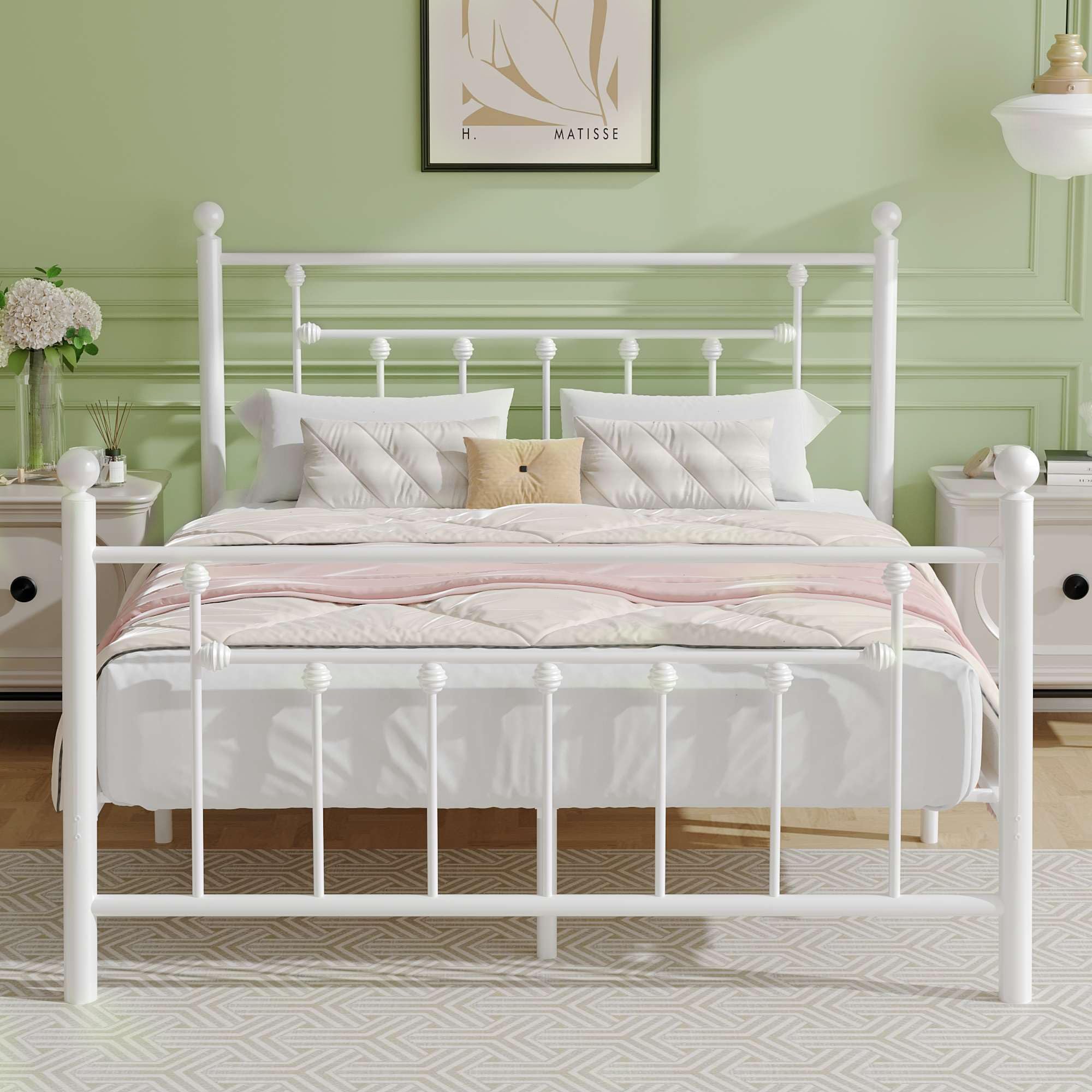 VECELO 4ft6 Double Bed Frames, Victorian Style Metal Platform with Headboard and Footboard, Heavy Duty Steel Slat Support, Non-slip Mattress Foundation, No Box Spring Needed, Easy Assembly