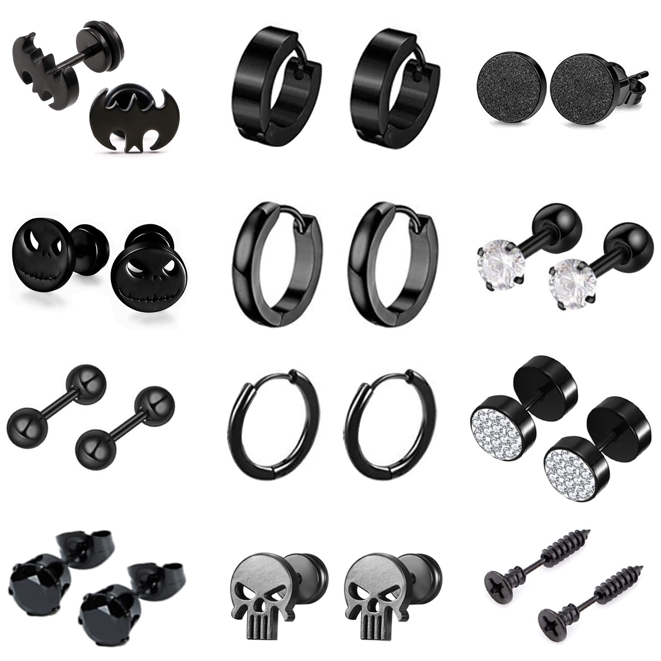 12 Pairs Earrings for Men Punk Mens Earrings Stainless Steel Black Silver Earrings Cool Flatback Screw Skull Stud Earrings for Eboys…-image-21