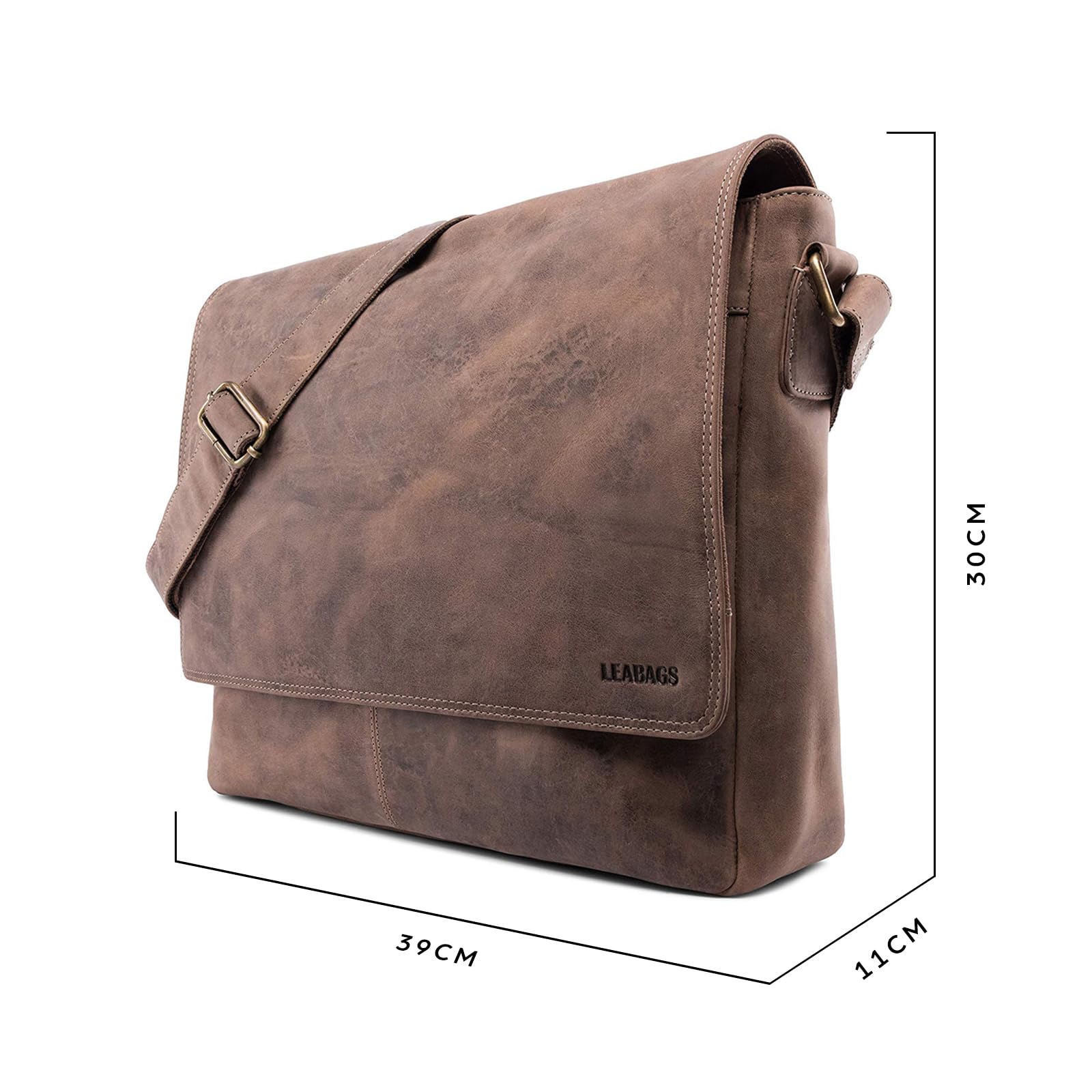 LEABAGS Messenger Bag, Acapulco Echtleder Aktentasche Herren & Damen, Leder Laptoptasche bis 15 Zoll, Umhängetasche mit Schultergurt 39 x 30 x 11 cm