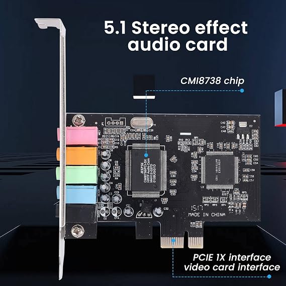 PCIe Sound Card 5.1, PCI Express Surround Card 3D Stereo Audio with High Sound Performance PC Sound Card CMI8738 Chip