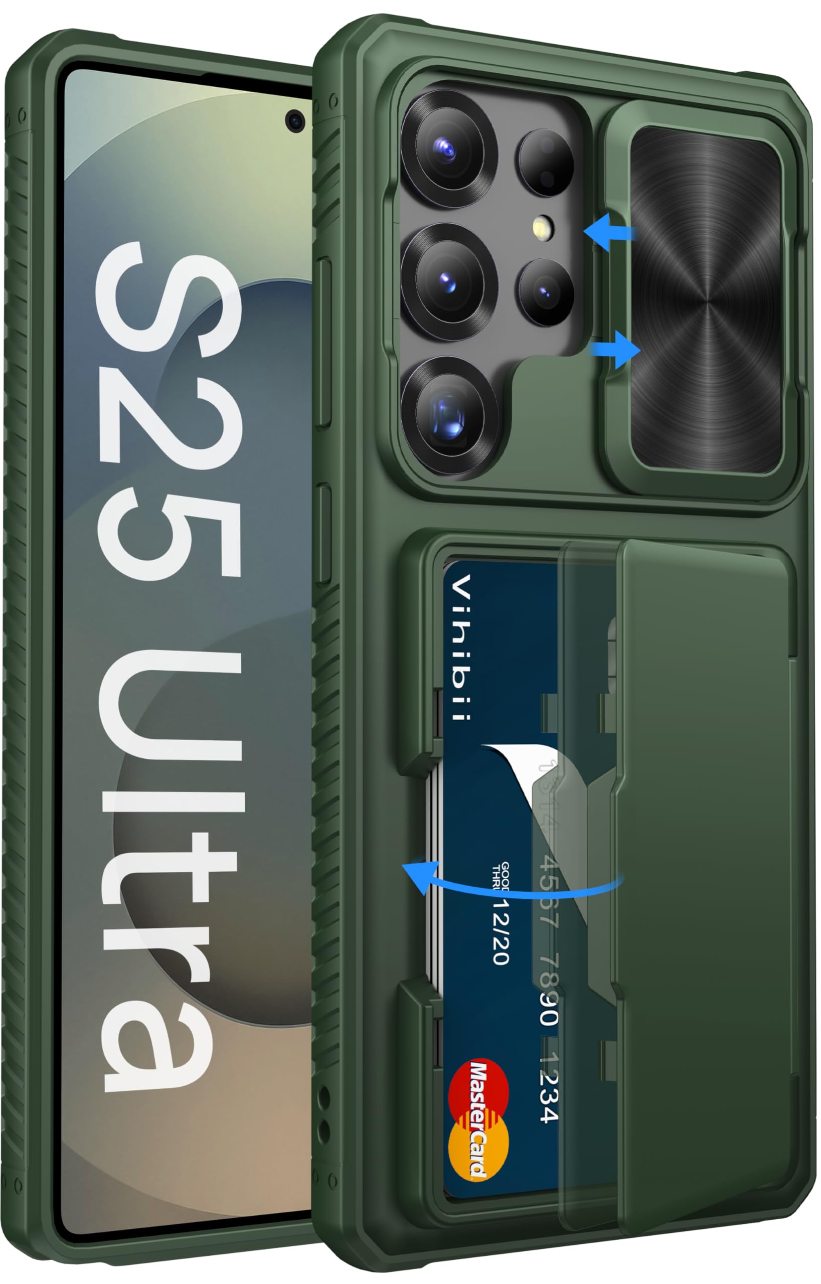 Vihibii per Samsung Galaxy S25 Ultra custodia con porta carte [RFID Blocking] & protezione per fotocamera con cursore, robusta custodia in TPU antiurto con protezione militare antigraffio in silicone