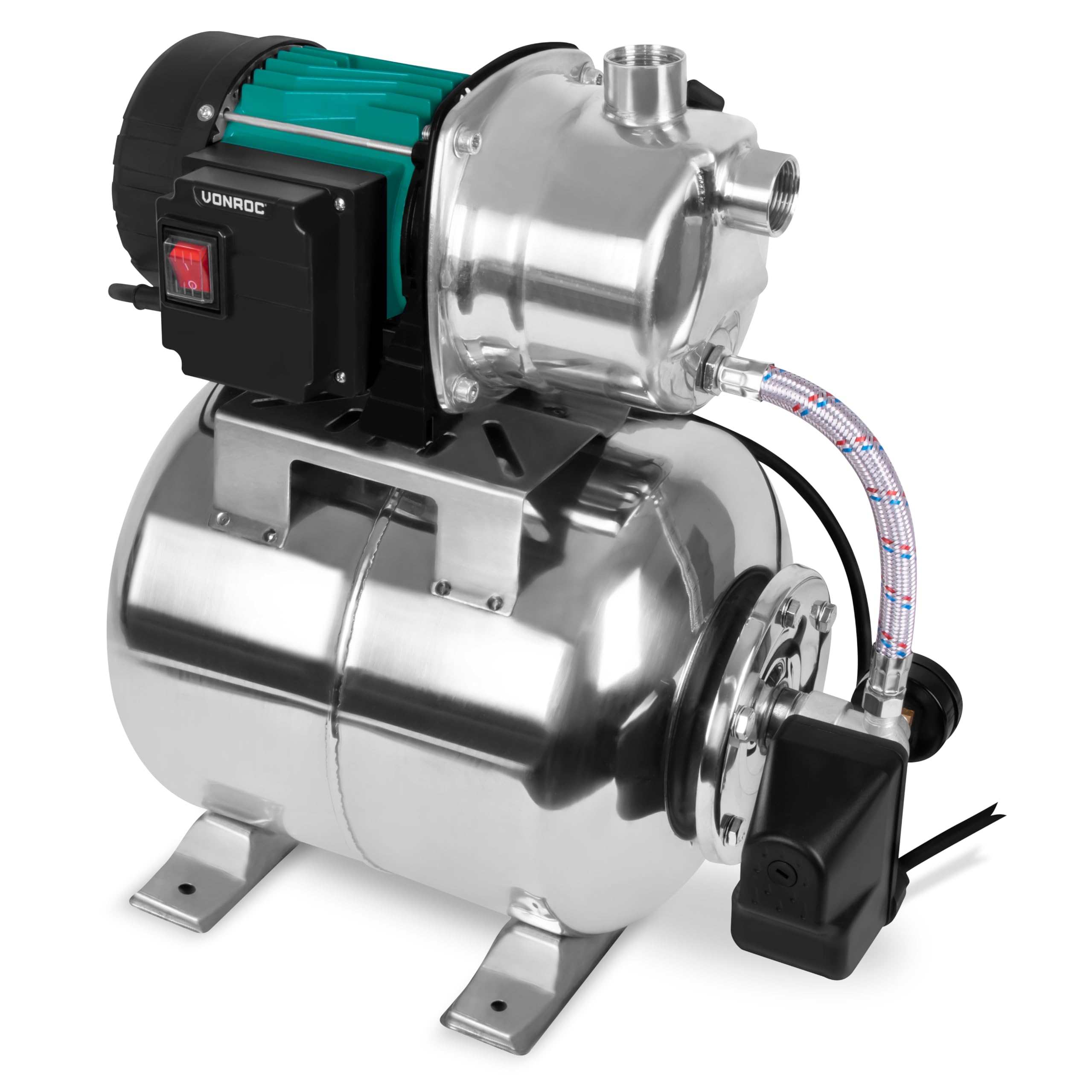 VONROC Hauswasserwerk + 1000W – Automatische Wasserpumpe mit Druckschalter & 19 L Tank – 3500 l/h, 4,4 bar