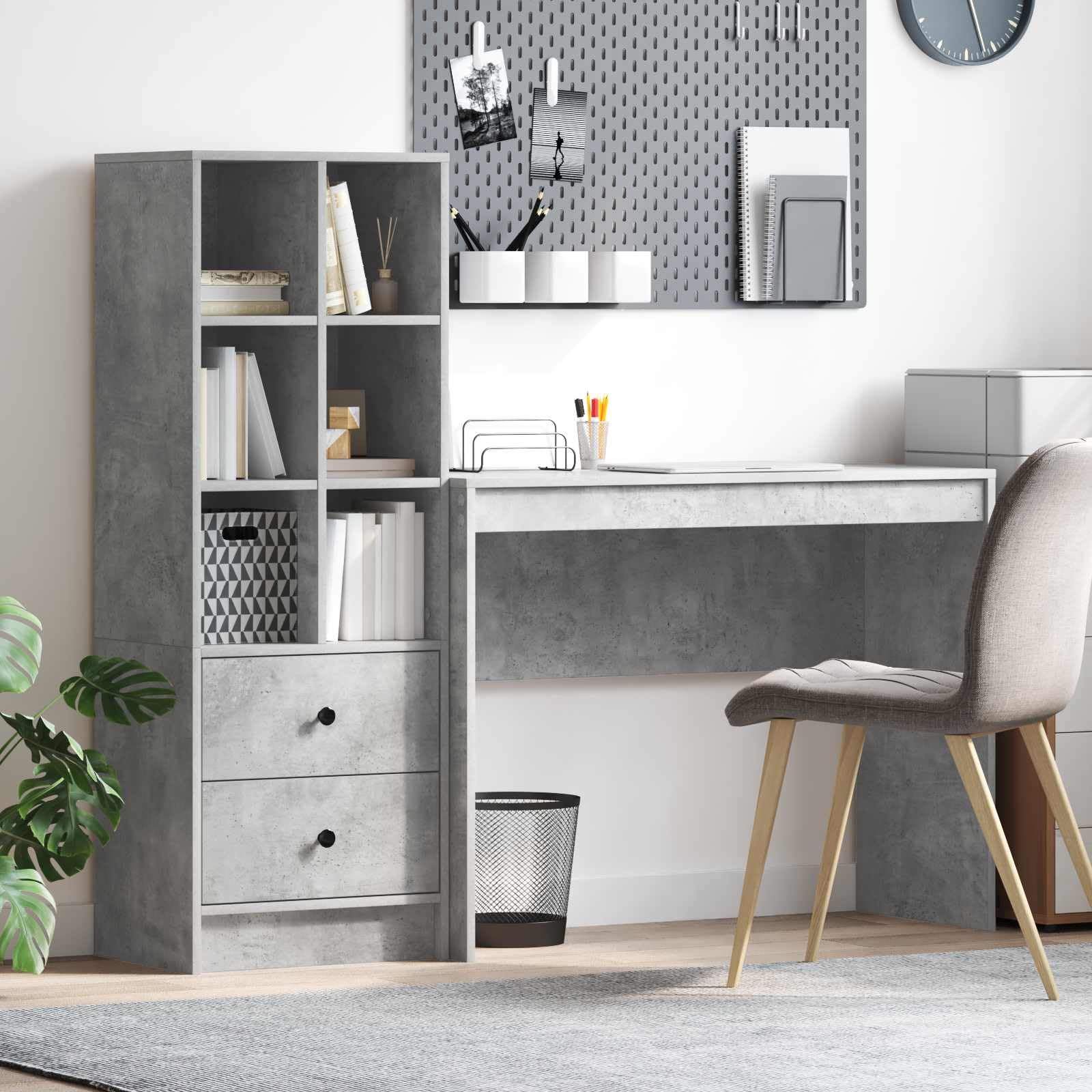Schreibtisch mit Schubladen und Regal Beton Grau Holzwerkstoff 145,5 x 40 x 127 cm Büro Homeoffice Arbeitszimmer Stauraum Ablage ergonomisch für PC Laptop und Gaming