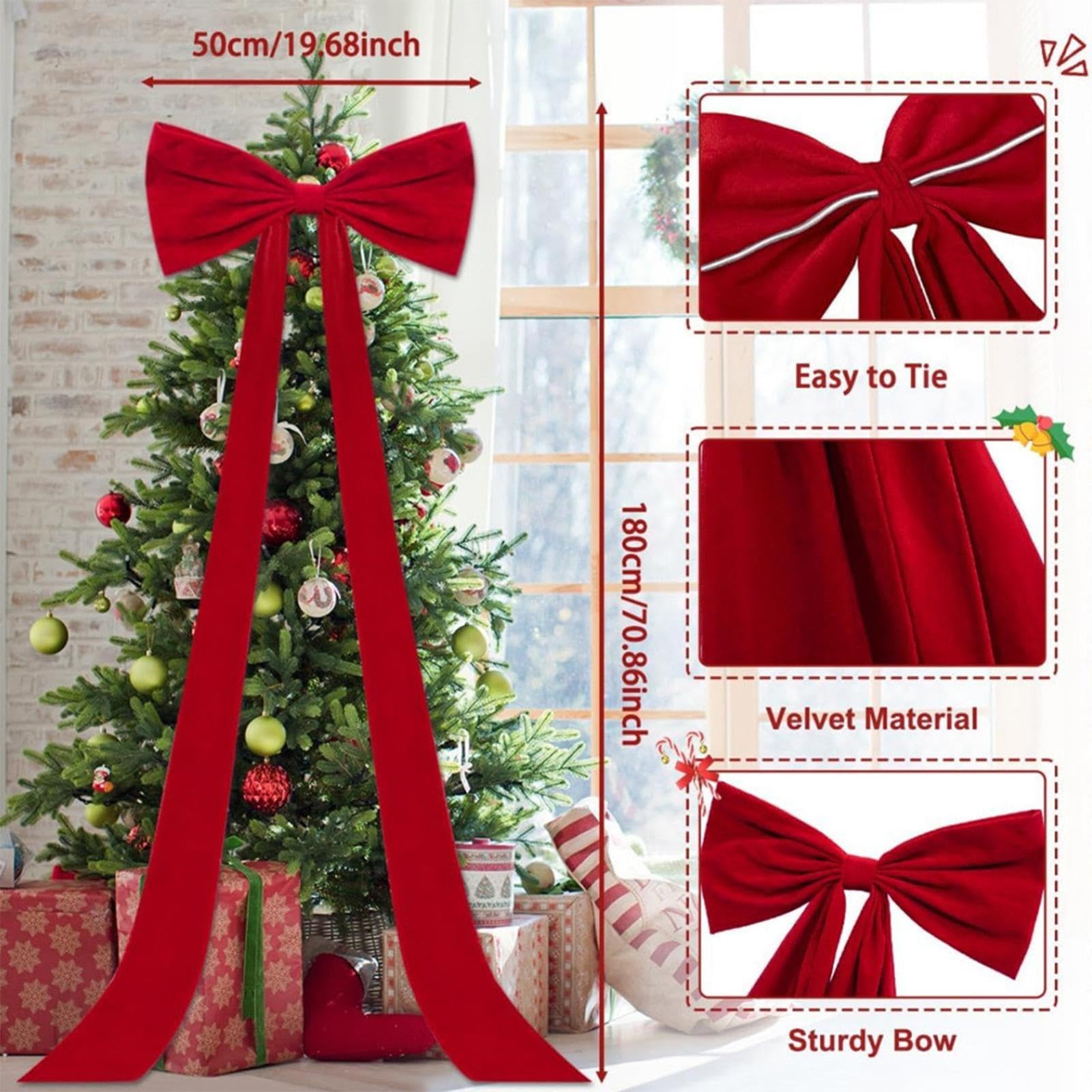 Weihnachtsbaumschleife Roter Kranzschmuck mit Langen Bändern | 50 x 180 cm große rote Schleife als Baumspitze für Zuhause Wohnzimmer Haustür Fenster Wand Außen Feiertagsparty