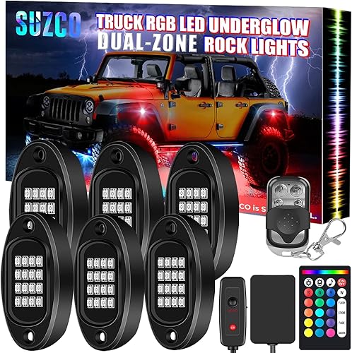 SUZCO Paquete de 6 luces LED RGB de neón suberglow para camiones, kit de luces de roca, doble zona + 96 LEDs + Línea 2 en 1 Sincronización de música