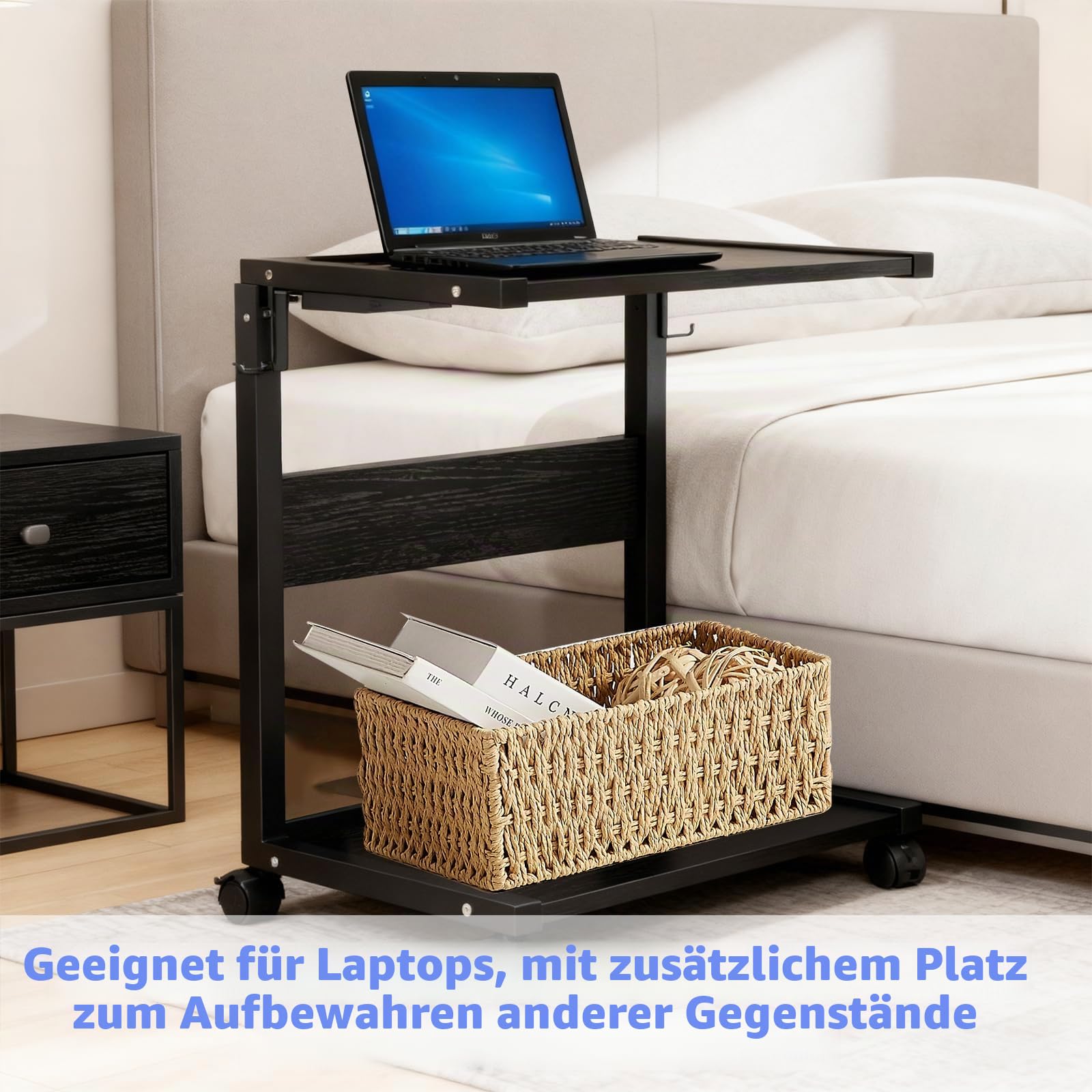 Computer Tower Ständer,Höhenverstellbarer PC Tower Ständer mit 4 Haken & 2 Lenkrollen mit Feststeller, Robuster Computer Ständers aus Stahl für Tower, Drucker als Druckertisch bis (58,5-72 cm)