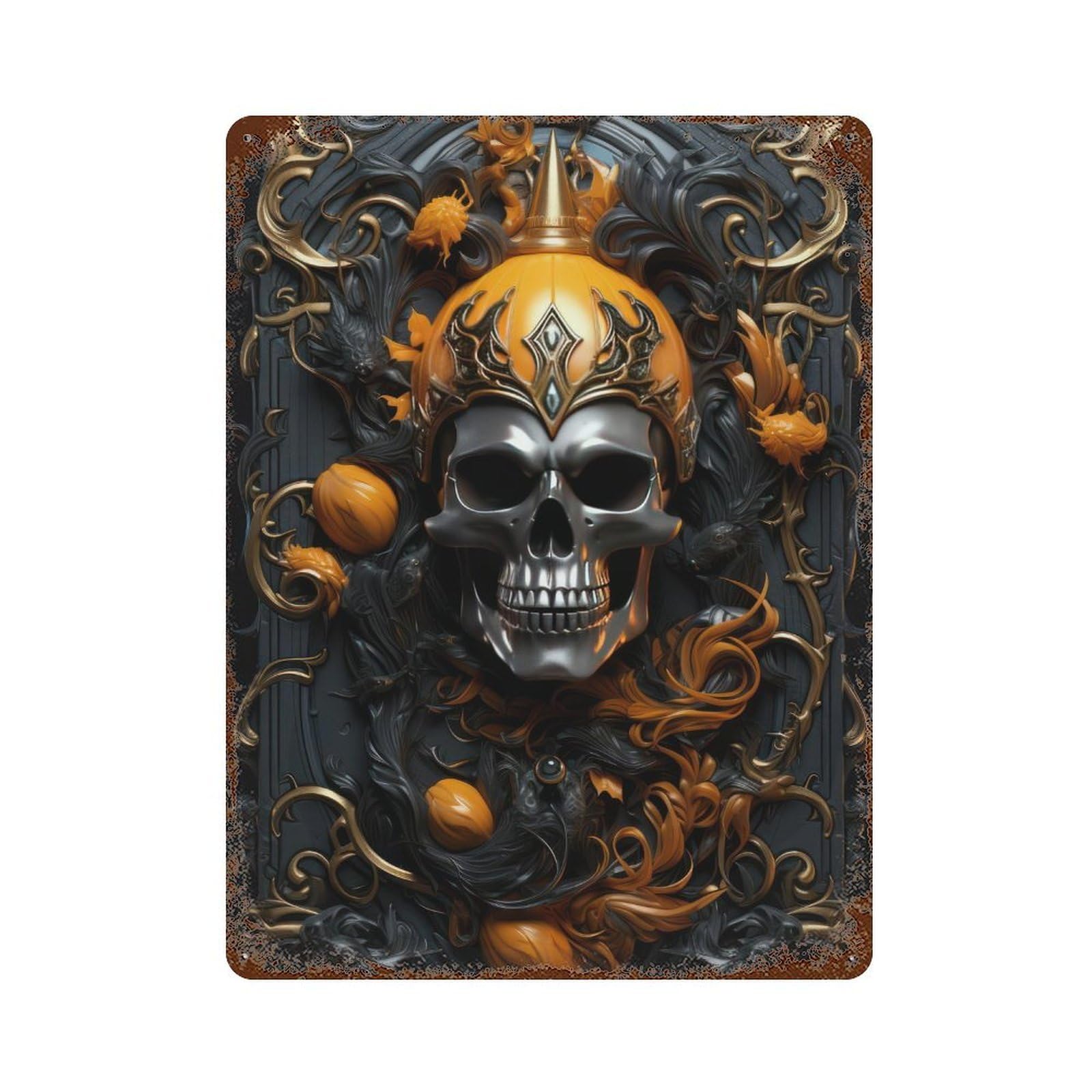 Rust Effect Spooky Skull Artwork Aged Metal Wall Plaque 15.7"x11.8", Shabby Chic Decor for Living Room, Hallway And Home Decor