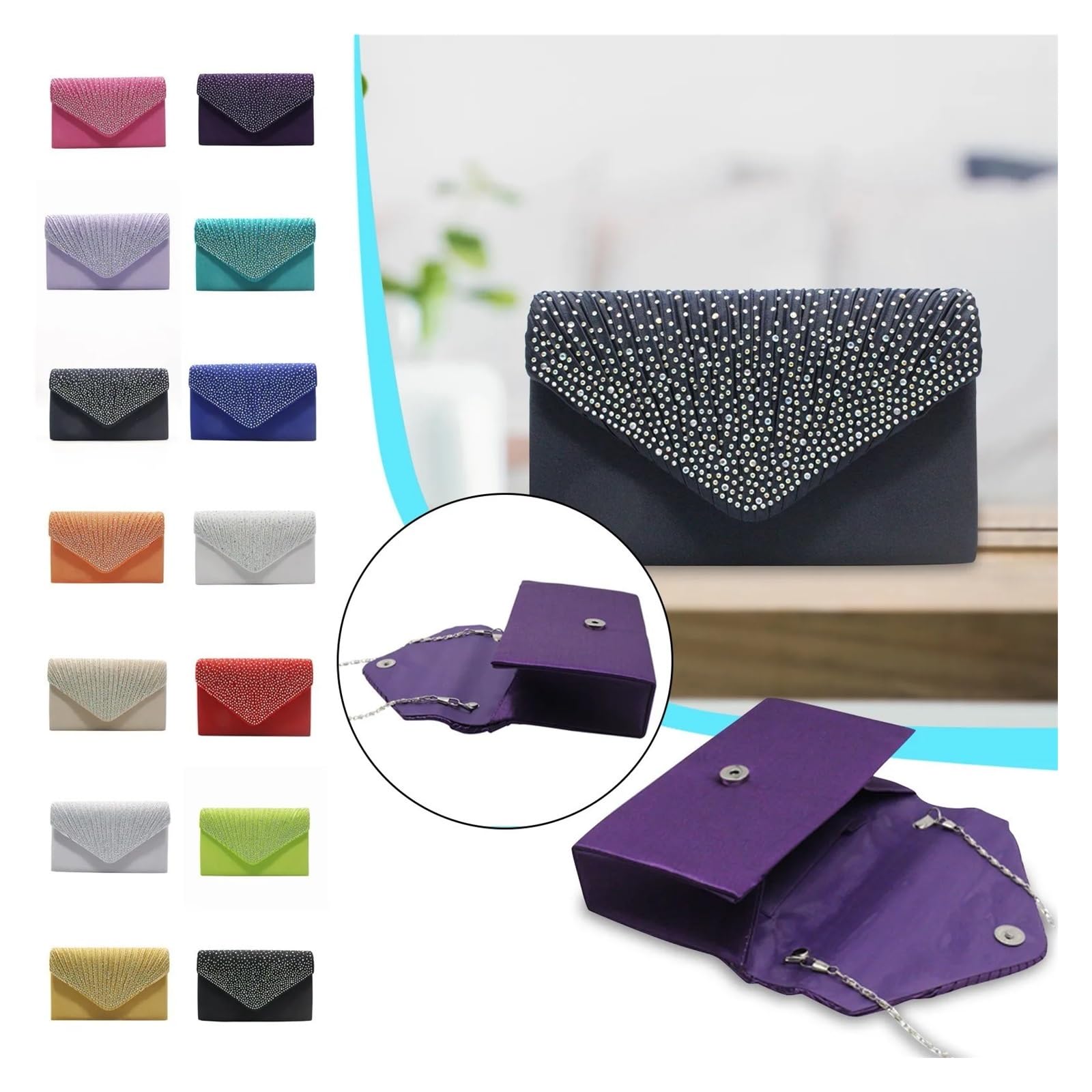Pochette da sera Pochette eleganti da donna, in raso, con strass, catena sottile, for feste, banchetti, abiti, borse sera abbinate Per gli appuntamenti