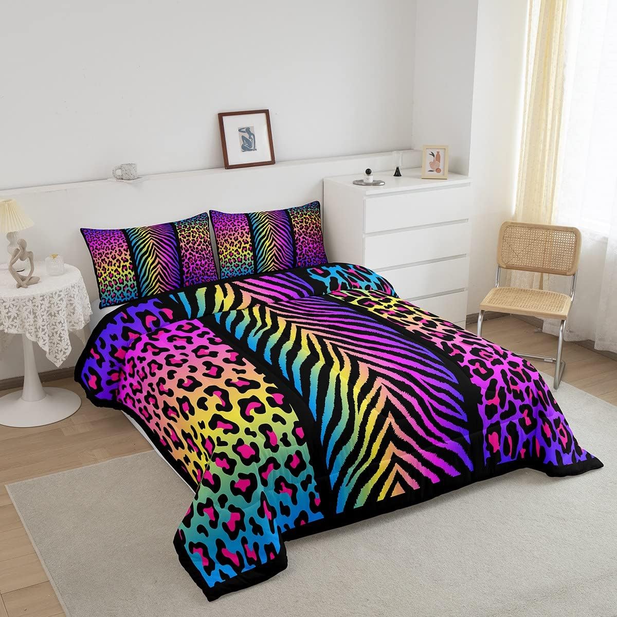 Erosebridal Rainbow Cheetah Quilt Set Full Size Neon Leopard Zebra Print Bedding Set for Kids Girls Women Wild Animal Comforter Set Colorful Tie Dye Wildlife Fur Duvet Insert 2 Pillow Cases