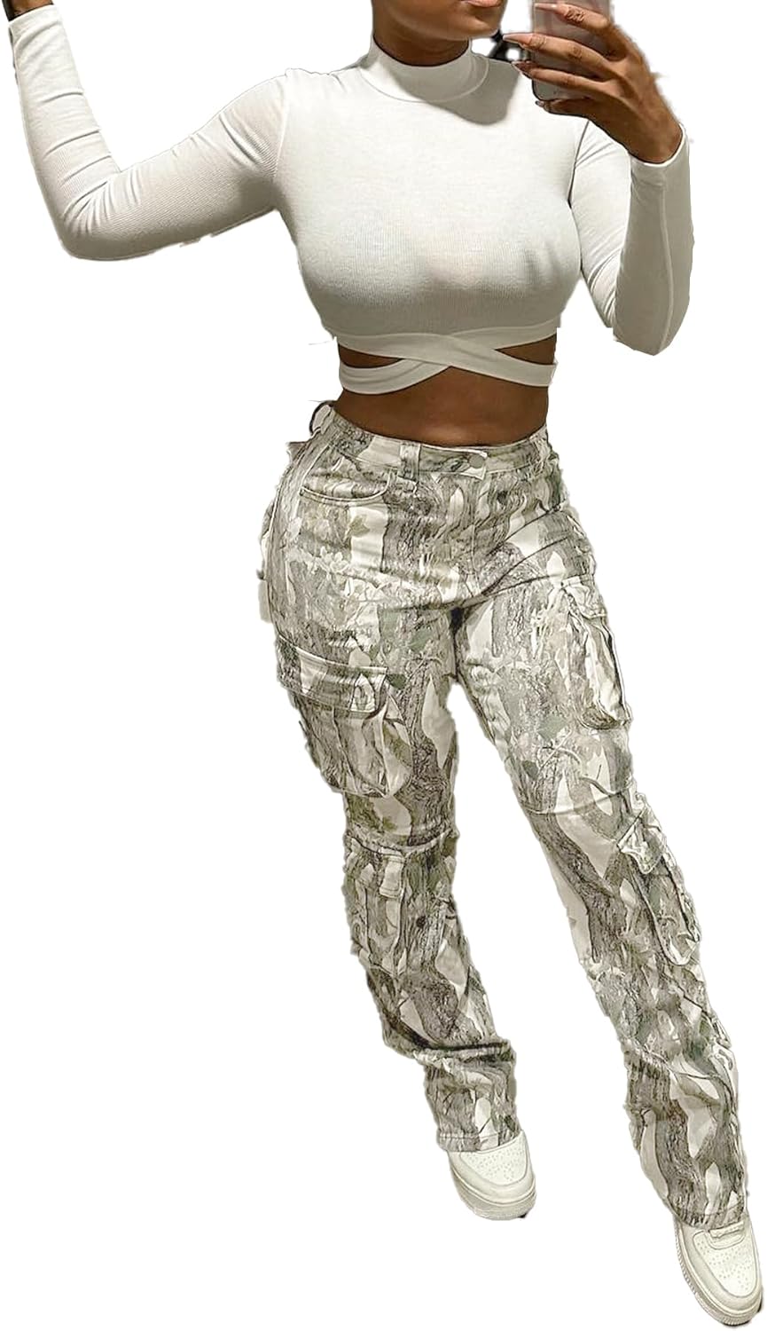 Women's Camo Cargo Pants High Waist Wide Leg Camouflage Army Fatigue Trousers with Pockets Sweatpants - Image 5